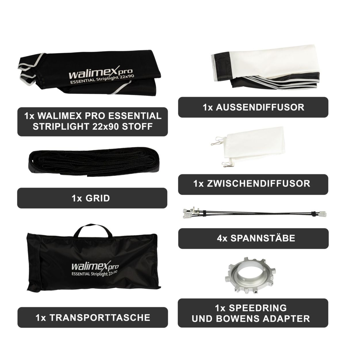 Attrezzatura fotografica. Gli articoli includono una luce a striscia, diffusori, una griglia e una borsa per il trasporto.