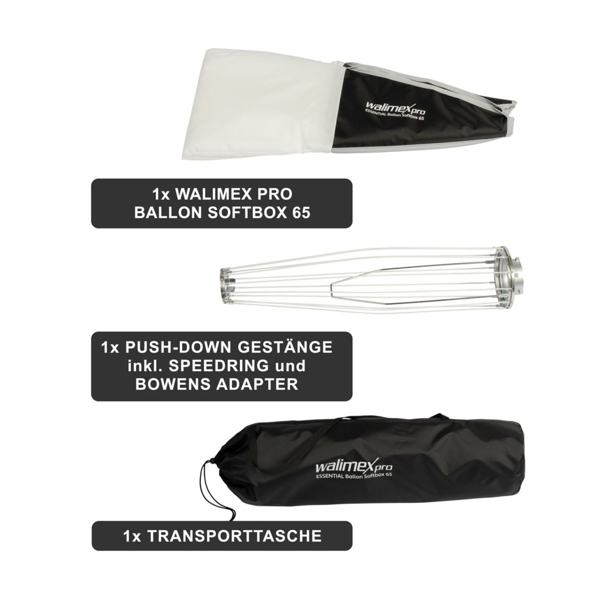 Softbox-Kit mit Softbox, Speedring mit Bowens-Adapter und Tragetasche, alles auf Weiß.