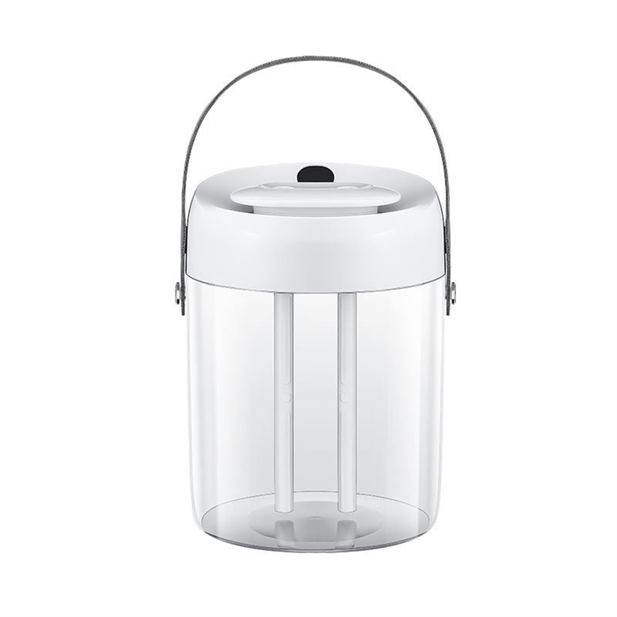Weißer und transparenter Wasserbehälter mit Griff, mit zwei internen Stäben.