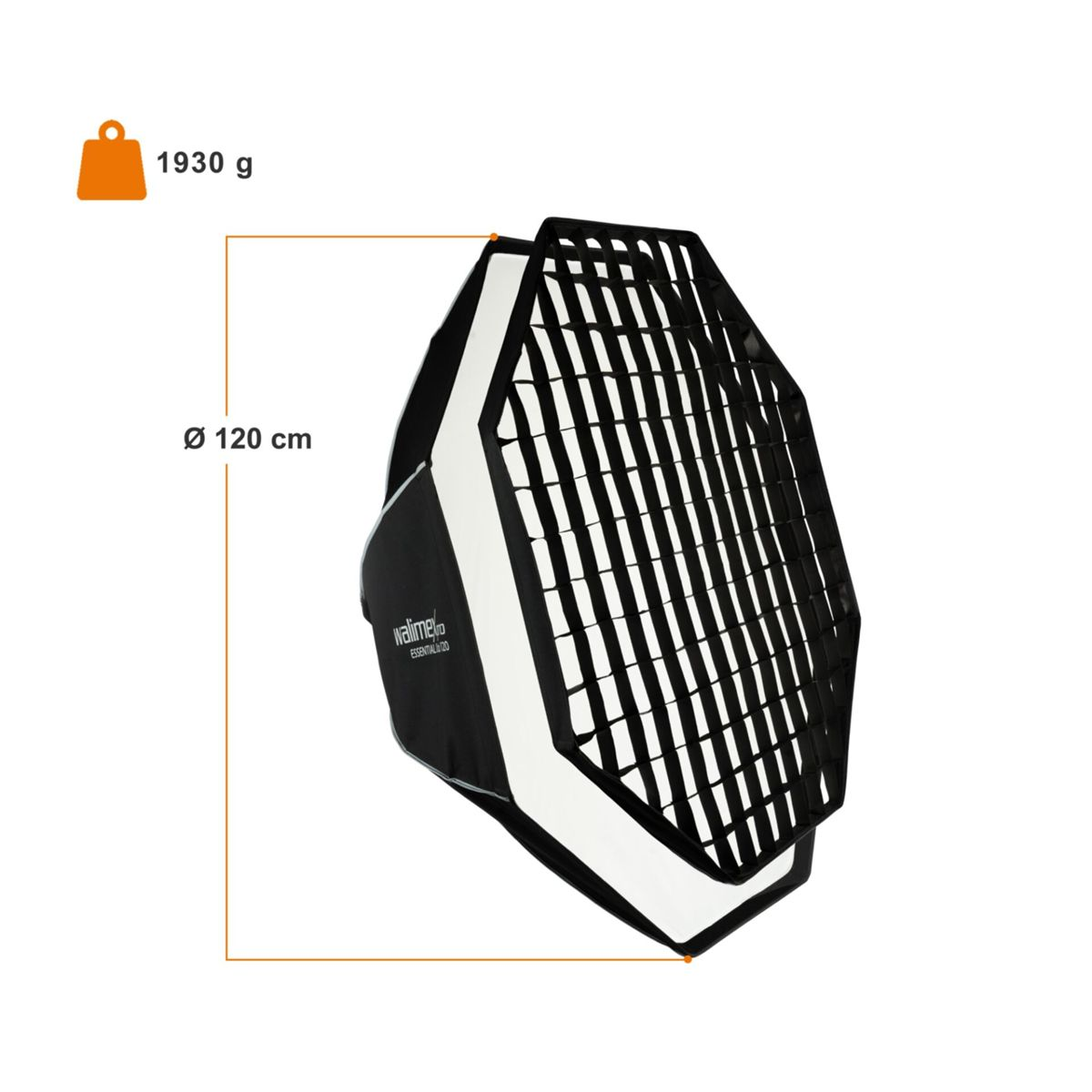 Schwarz-weiße Softbox mit Raster. Weißes Innenleben, schwarzes Äußeres. 120 cm Durchmesser. Weißer Hintergrund.