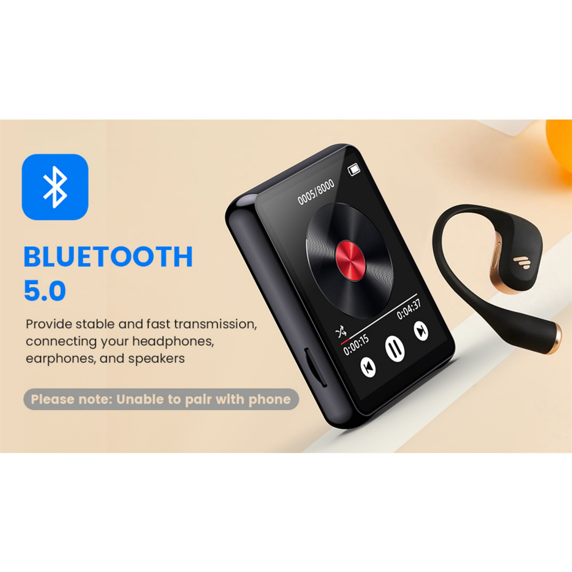 Ein schwarzer MP3-Player mit Bildschirm und Kopfhörern. Bluetooth-Symbol und Text.
