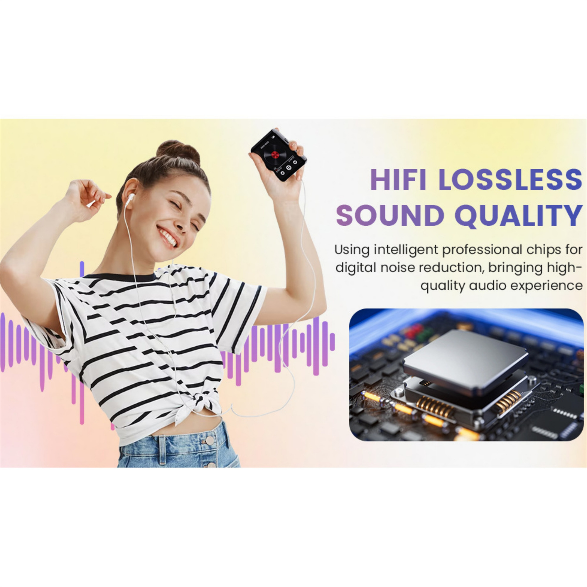 Frau lächelt, hält einen Musikplayer. Text: HiFi-Klangqualität. Ein Bild eines Mikrochips in der Ecke.