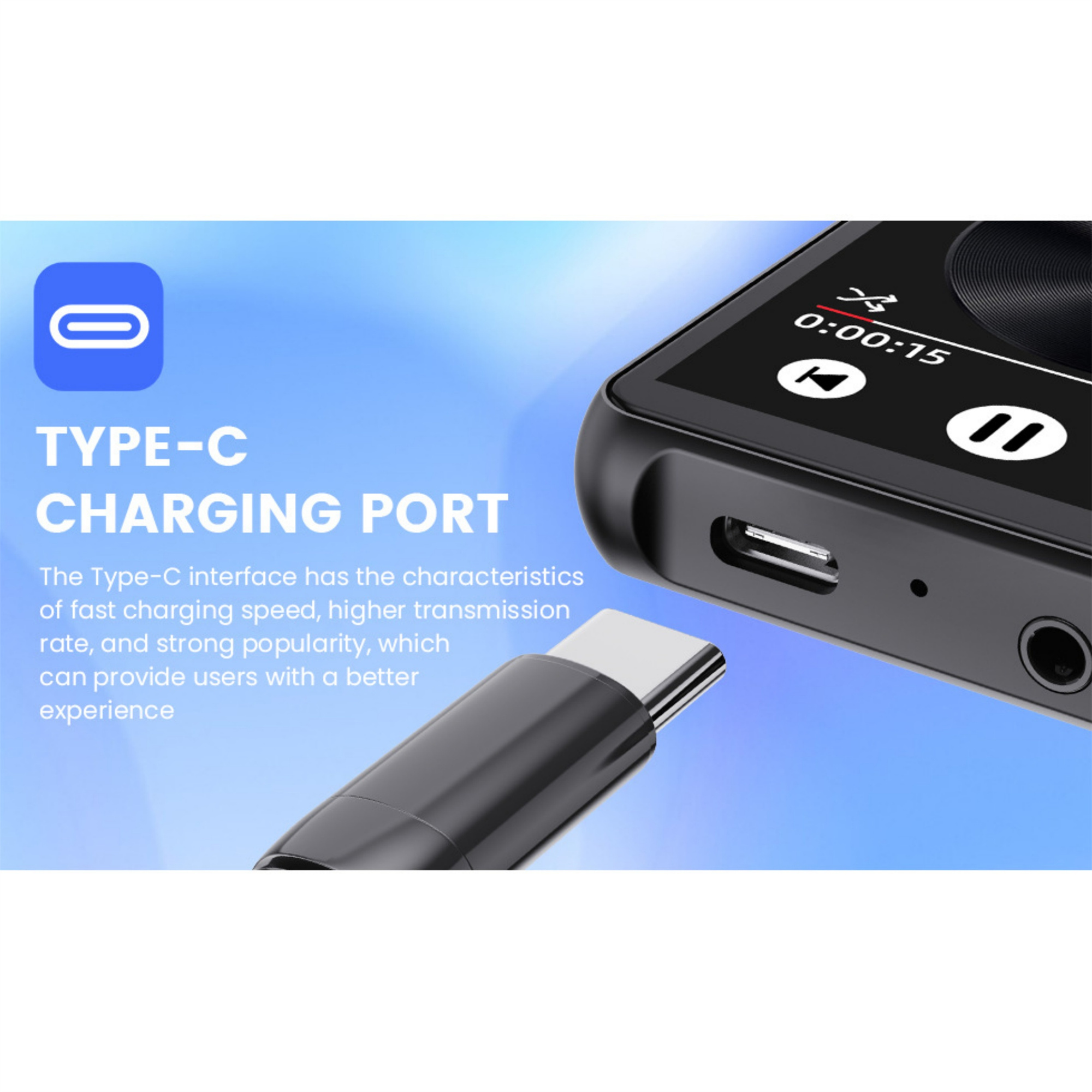 Schwarzer tragbarer Media-Player mit USB-C-Ladeanschluss und Bildschirm mit Wiedergabesteuerung.