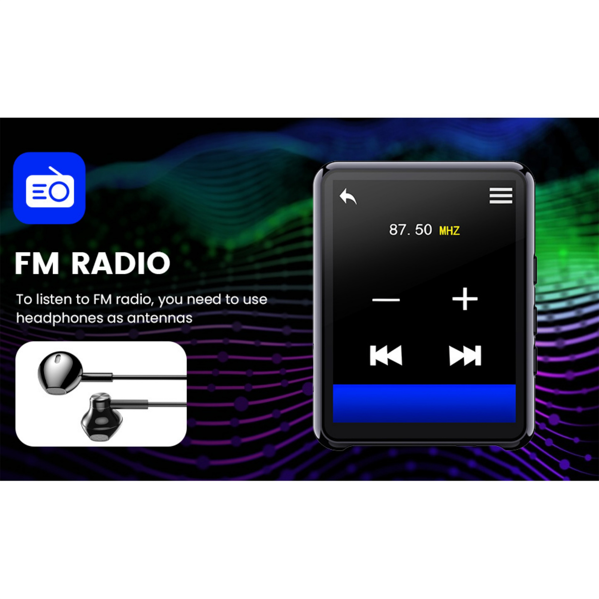 FM-Radiogerät, schwarz, mit Display, Kopfhörern und Textanweisungen. Lila Hintergrund.