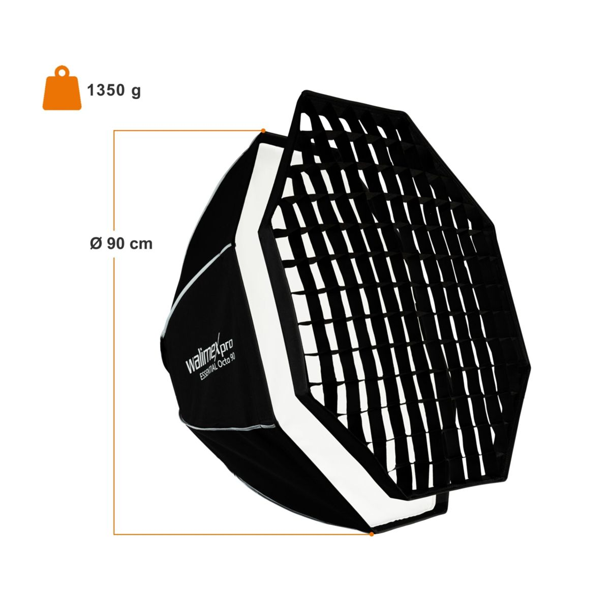 Softbox con griglia e dimensioni: 90 cm di diametro, 1350 g di peso.