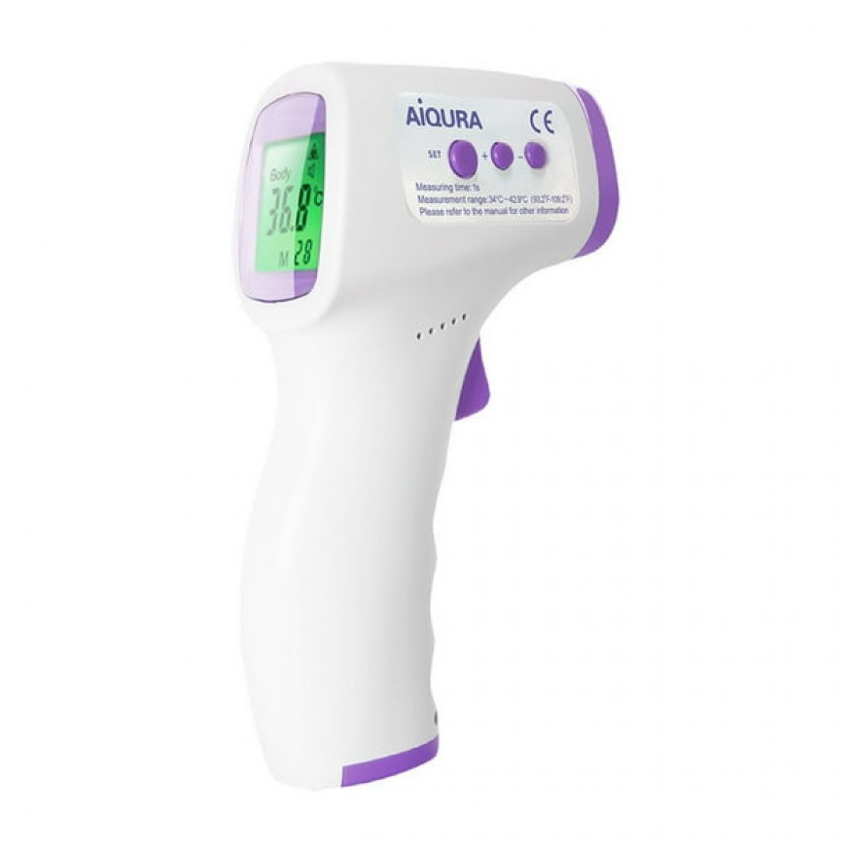 Ein weißes und lila digitales Thermometer, das eine Temperaturanzeige auf einem Bildschirm zeigt.