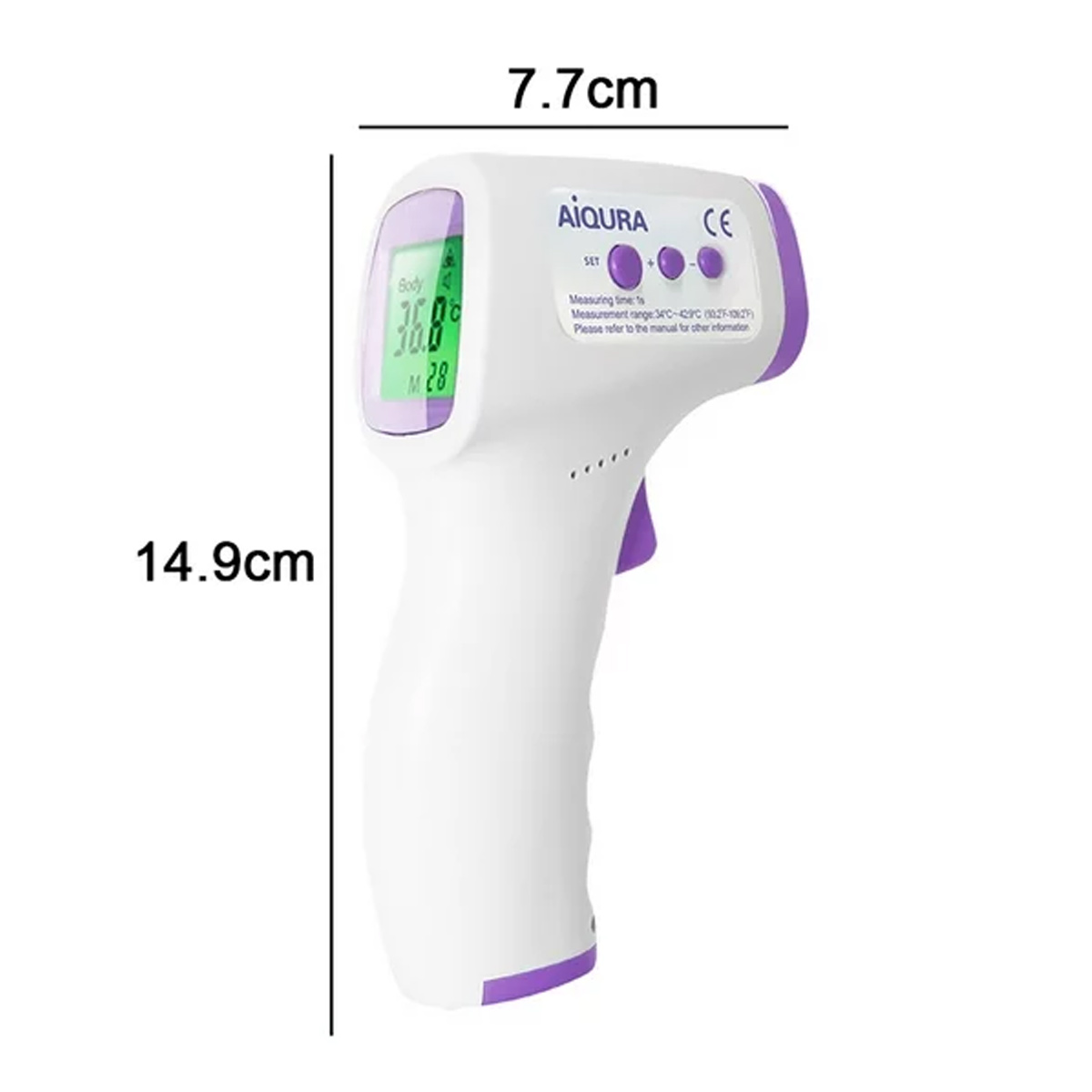 Ein weißes und lila Infrarot-Thermometer mit einer grünen Anzeige, die die Temperatur anzeigt.