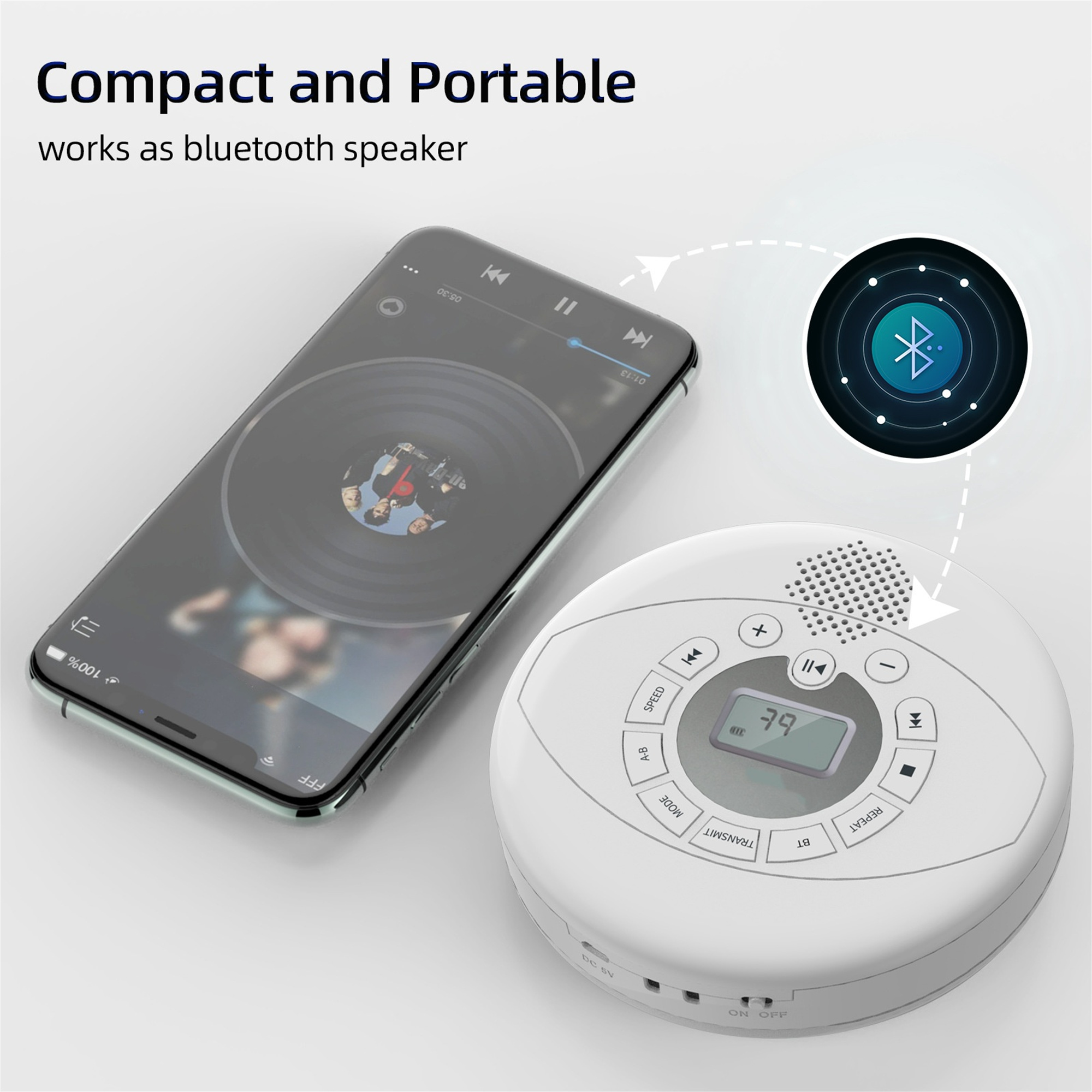 Weißer tragbarer Bluetooth-Lautsprecher mit Handy, das Musik abspielt, und Bluetooth-Diagramm.