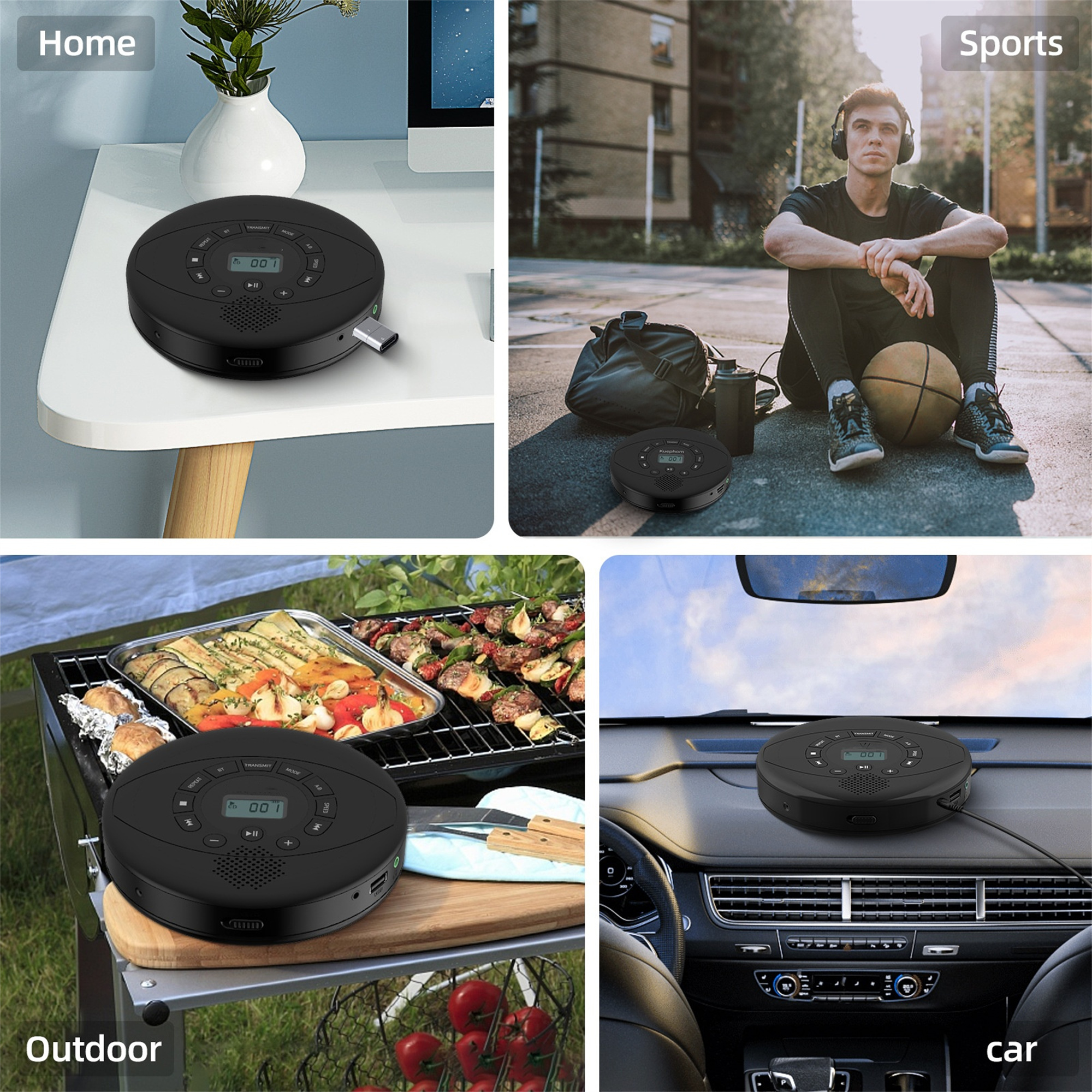 Schwarzer tragbarer Musikplayer in verschiedenen Situationen: Zuhause, Sport, Outdoor, Auto.