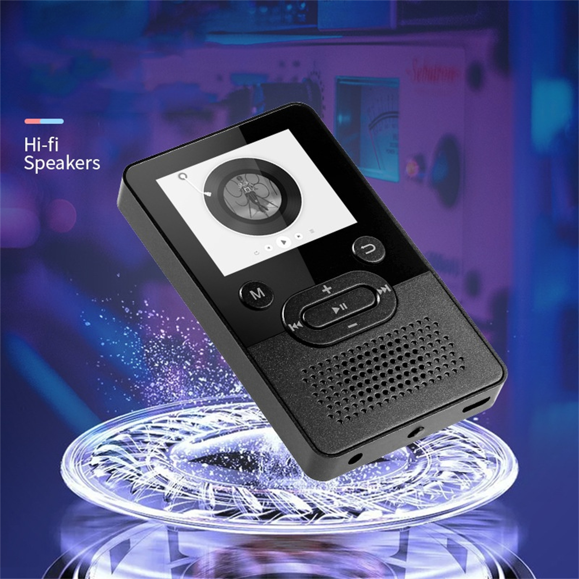 Schwarzer MP3-Player auf reflektierender Oberfläche. Hat einen Bildschirm und Knöpfe, Text Hi-fi speakers.