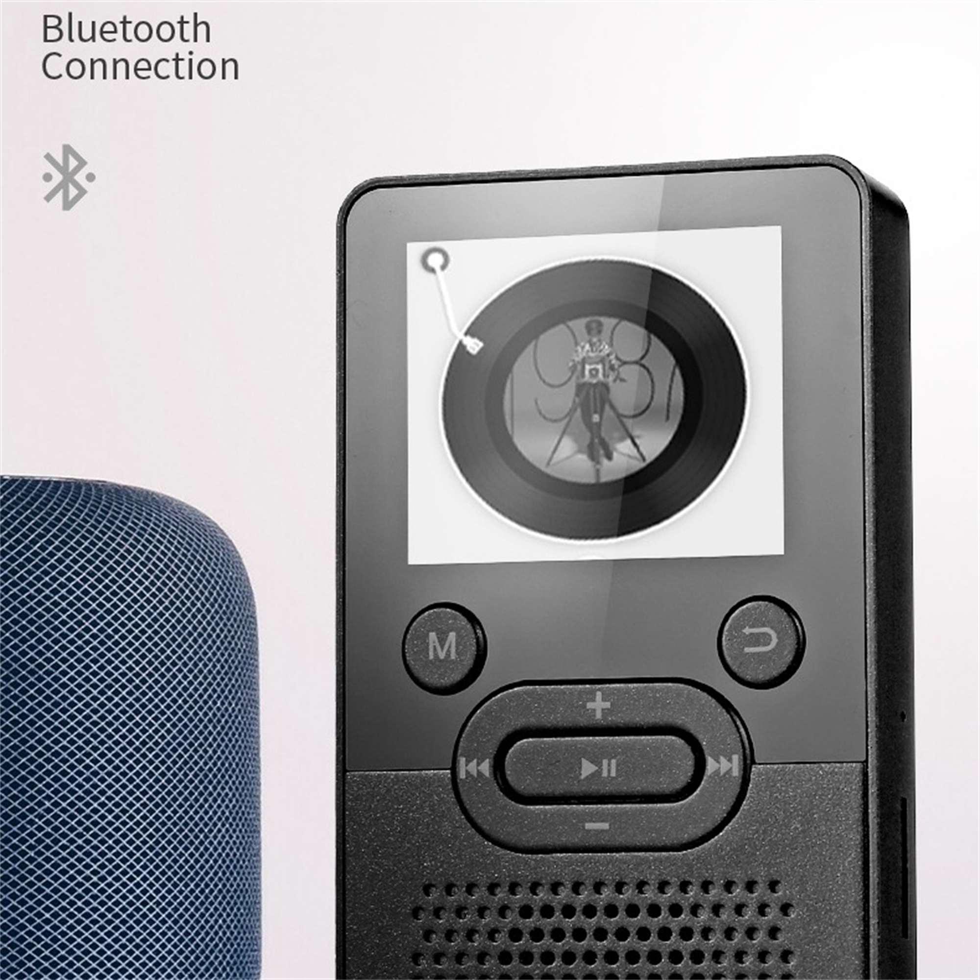 Schwarzer Musikplayer mit Bildschirm, Lautsprecher und Bluetooth-Symbol. Blauer Lautsprecher links.