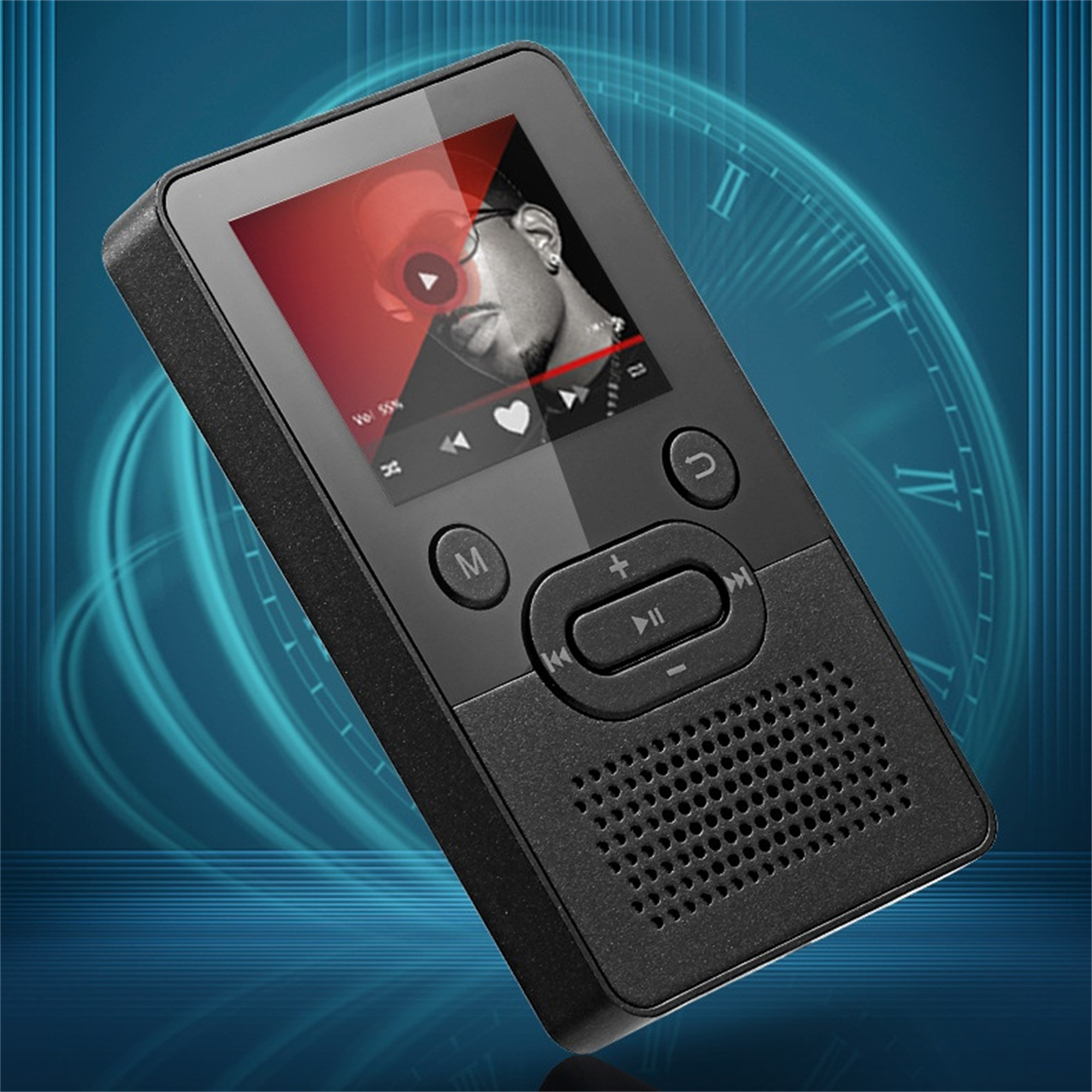 Ein schwarzer MP3-Player zeigt ein Video an. Knöpfe und ein Lautsprecher sind sichtbar.