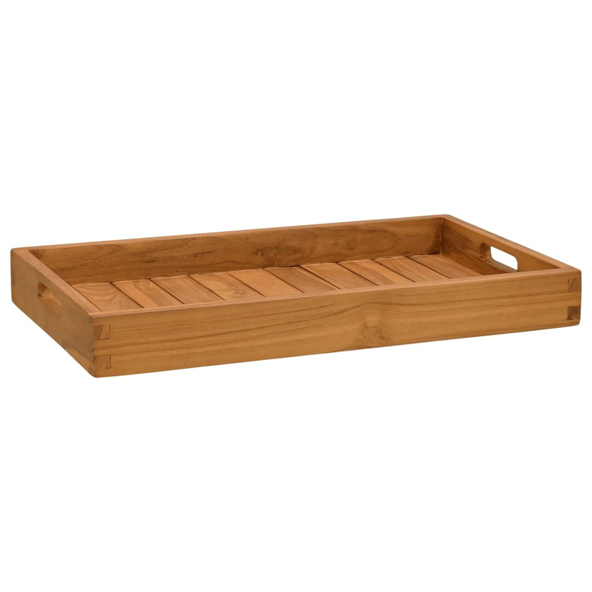 Serviertablett aus Holz mit Griffen. Rechteckige Form. Weißer Hintergrund.