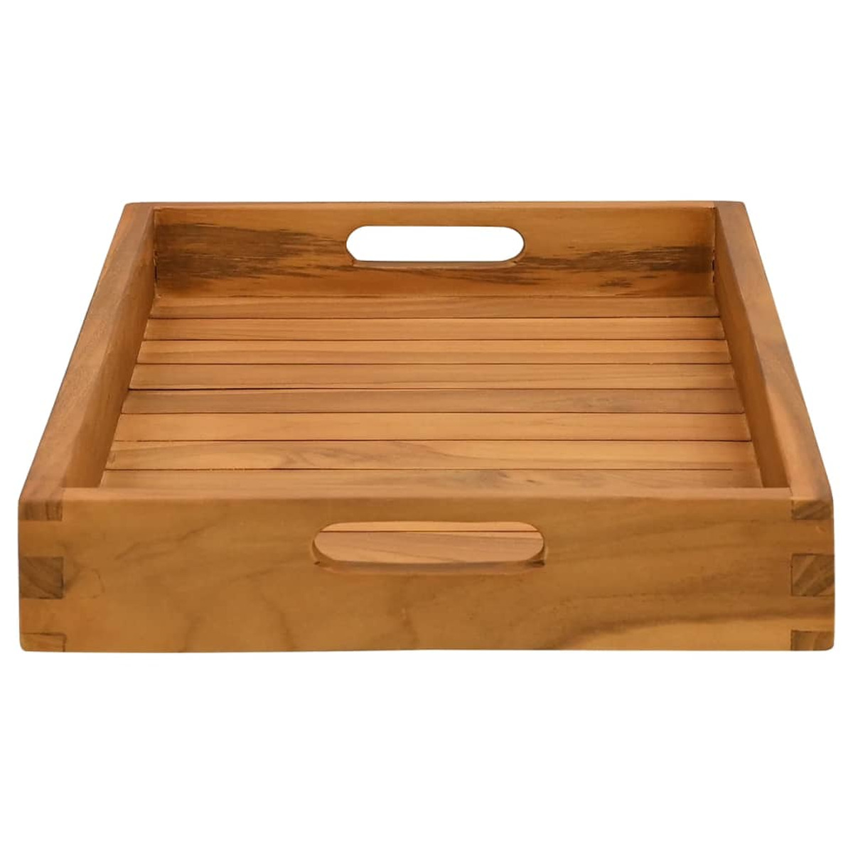Serviertablett aus Holz mit Griffaussparungen.