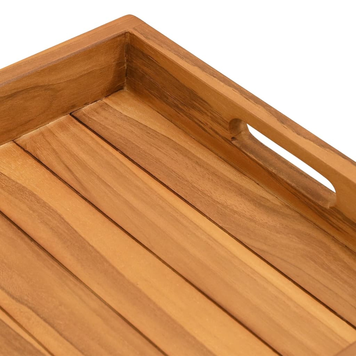 Holztablett. Das Tablett ist aus hellbraunem Holz gefertigt, mit einem ausgeschnittenen Griff an der Seite.