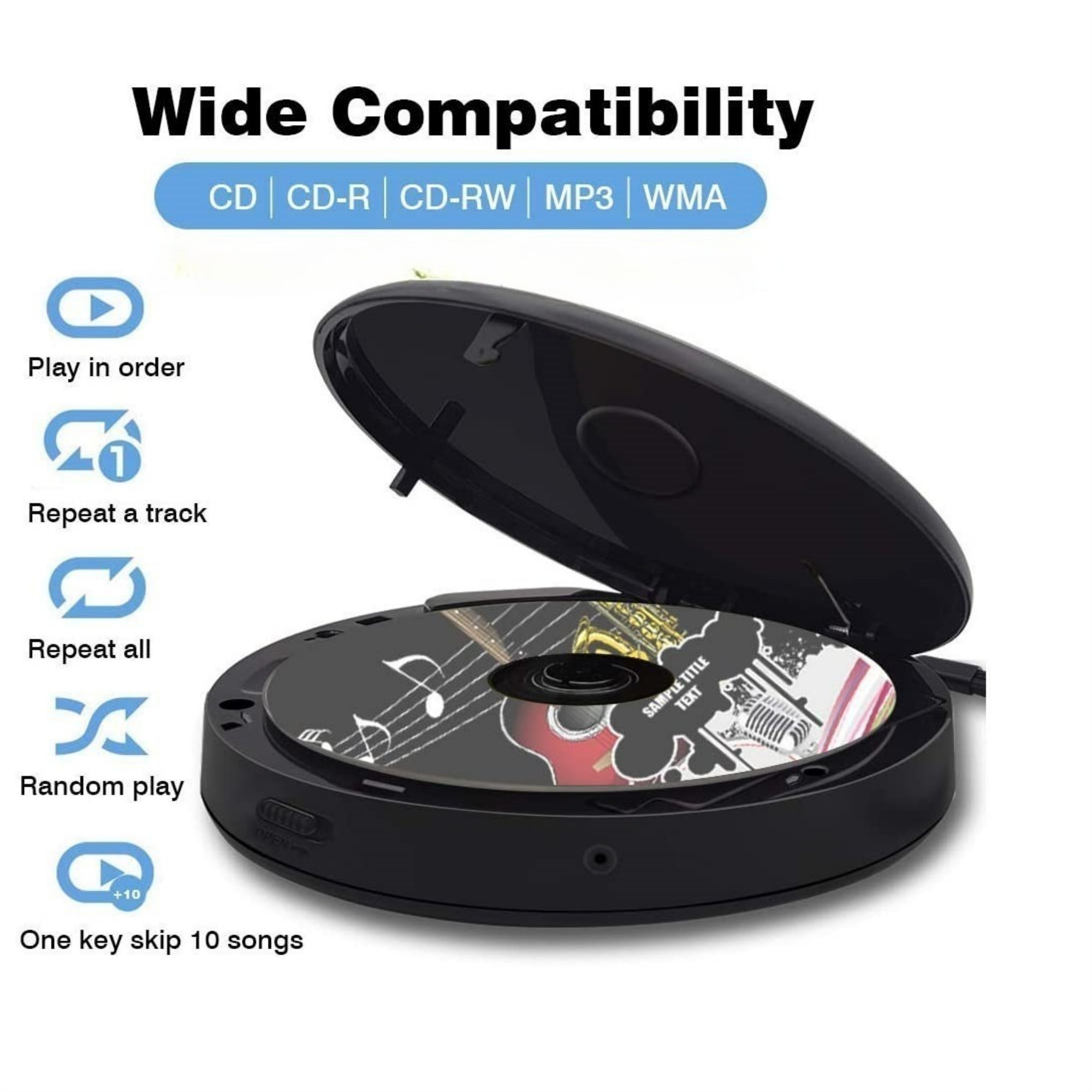 Tragbarer CD-Player mit Bedienelementen. Schwarzer Player, geöffnet, mit Funktionssymbolen.