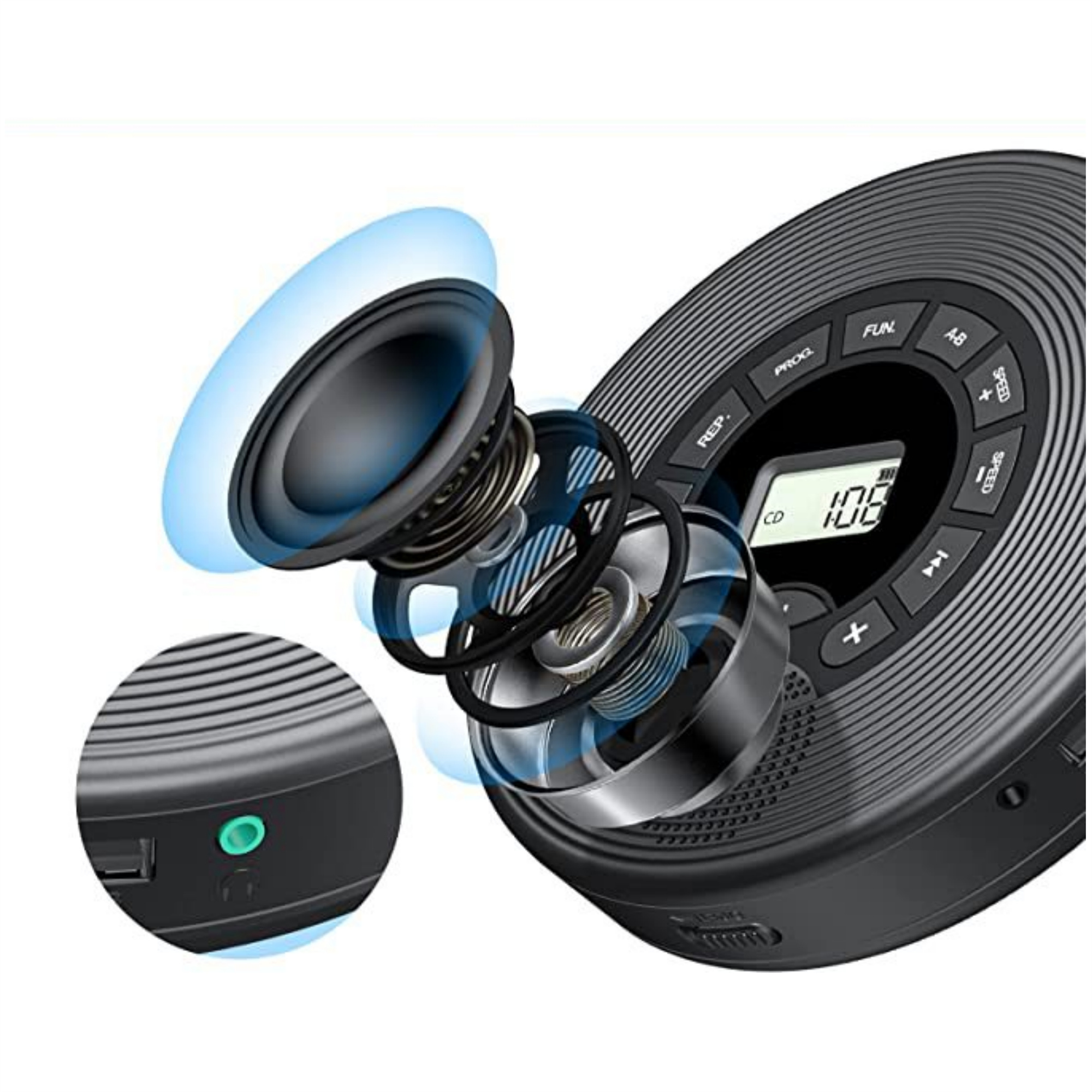 Schwarzer CD-Player mit schwebenden Lautsprecherteilen. Knöpfe, Bildschirm und CD-Einschub sind sichtbar.