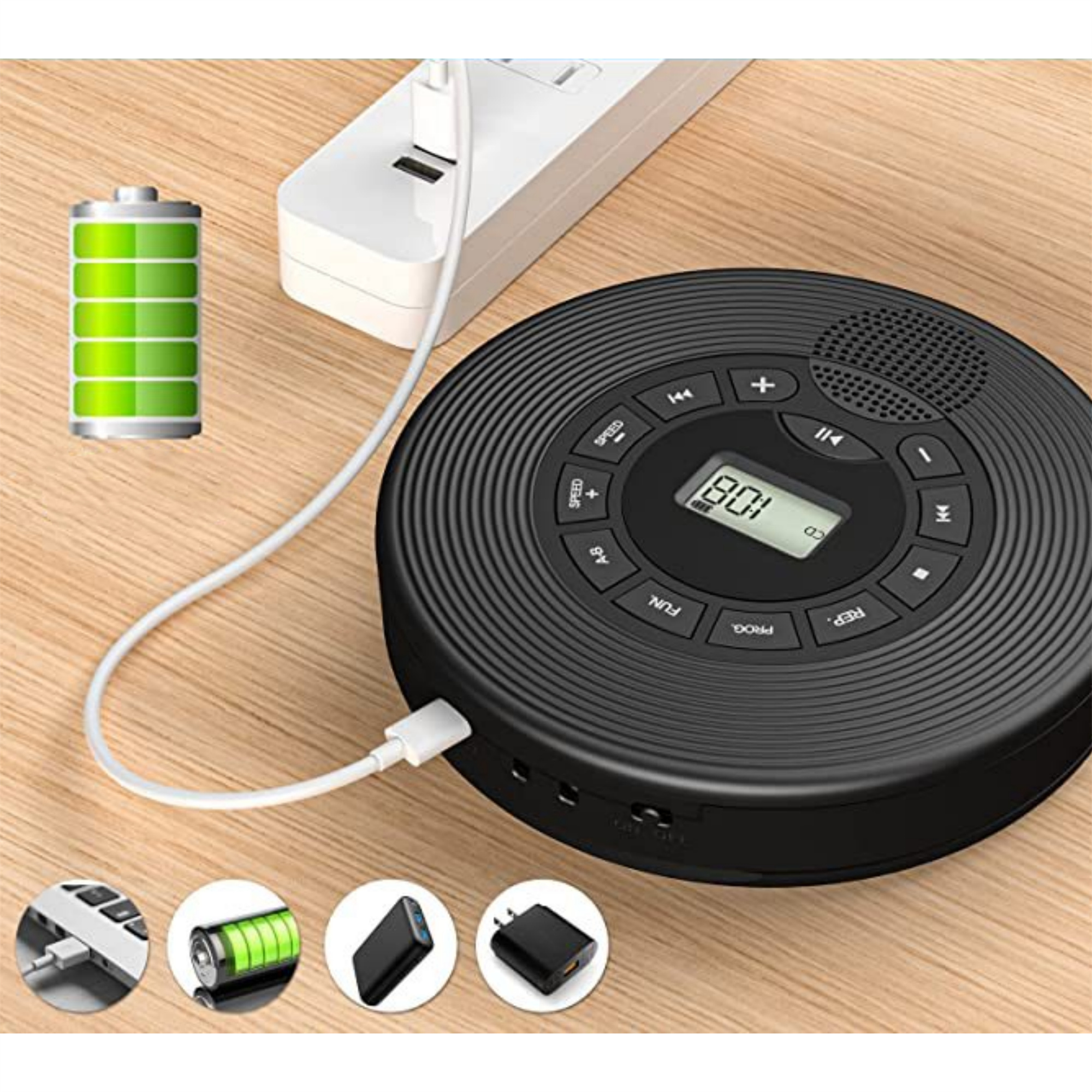 Schwarzer CD-Player mit Knöpfen und Bildschirm, mit Ladegerät und Batterie-Symbolen.