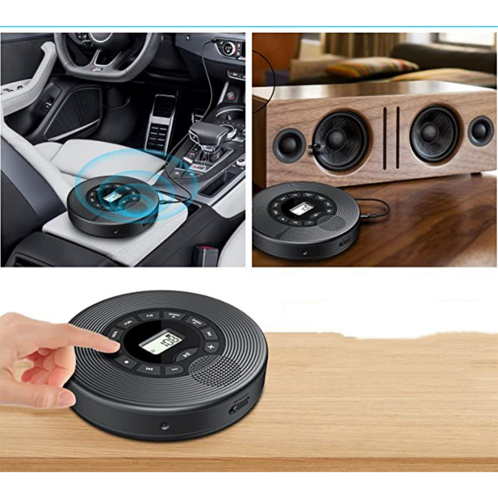 Ein schwarzer tragbarer CD-Player mit digitaler Anzeige, neben einem Holz-Lautsprecher und Auto-Innenraum.