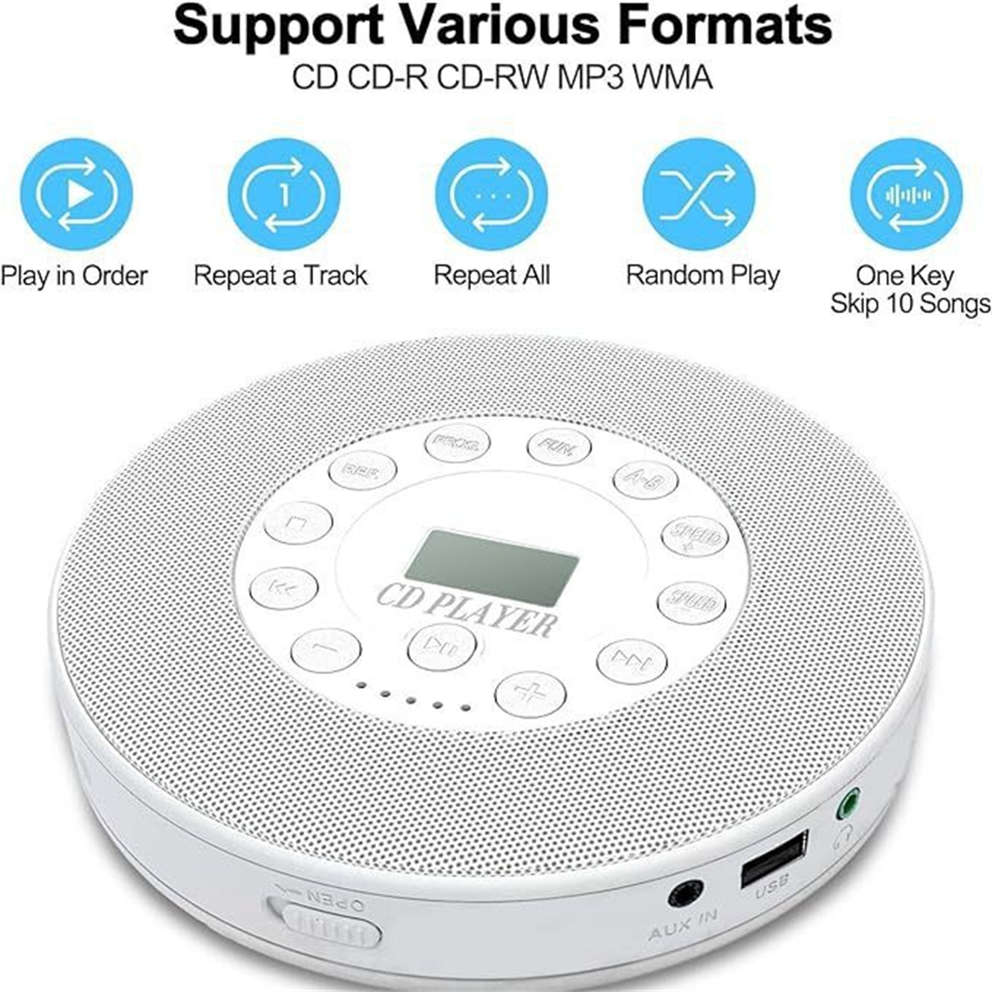 Ein weißer CD-Player mit Knöpfen und Symbolen, einschließlich Wiedergabe, Wiederholung und USB-Anschluss.