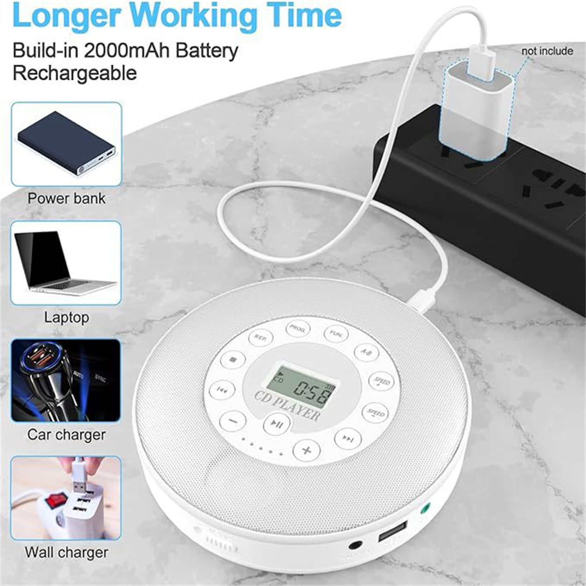 Weißer CD-Player mit Zubehör. Zeigt Powerbank, Laptop, Ladegerät und Wandladegerät.