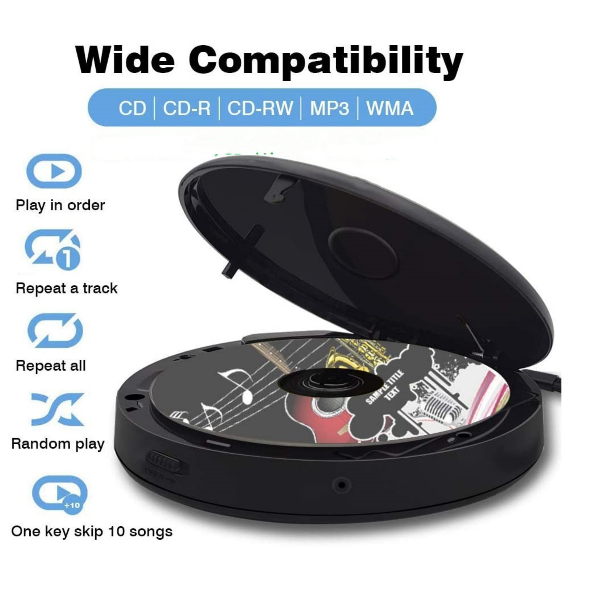 Schwarzer tragbarer CD-Player mit einer Disc. Er hat Tasten und Symbole für verschiedene Funktionen.