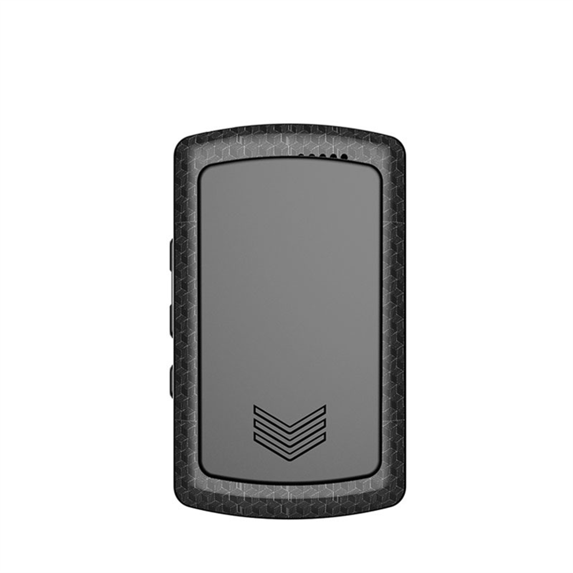 Ein schwarzes GPS-Ortungsgerät mit strukturiertem Rahmen und Chevron-Design.