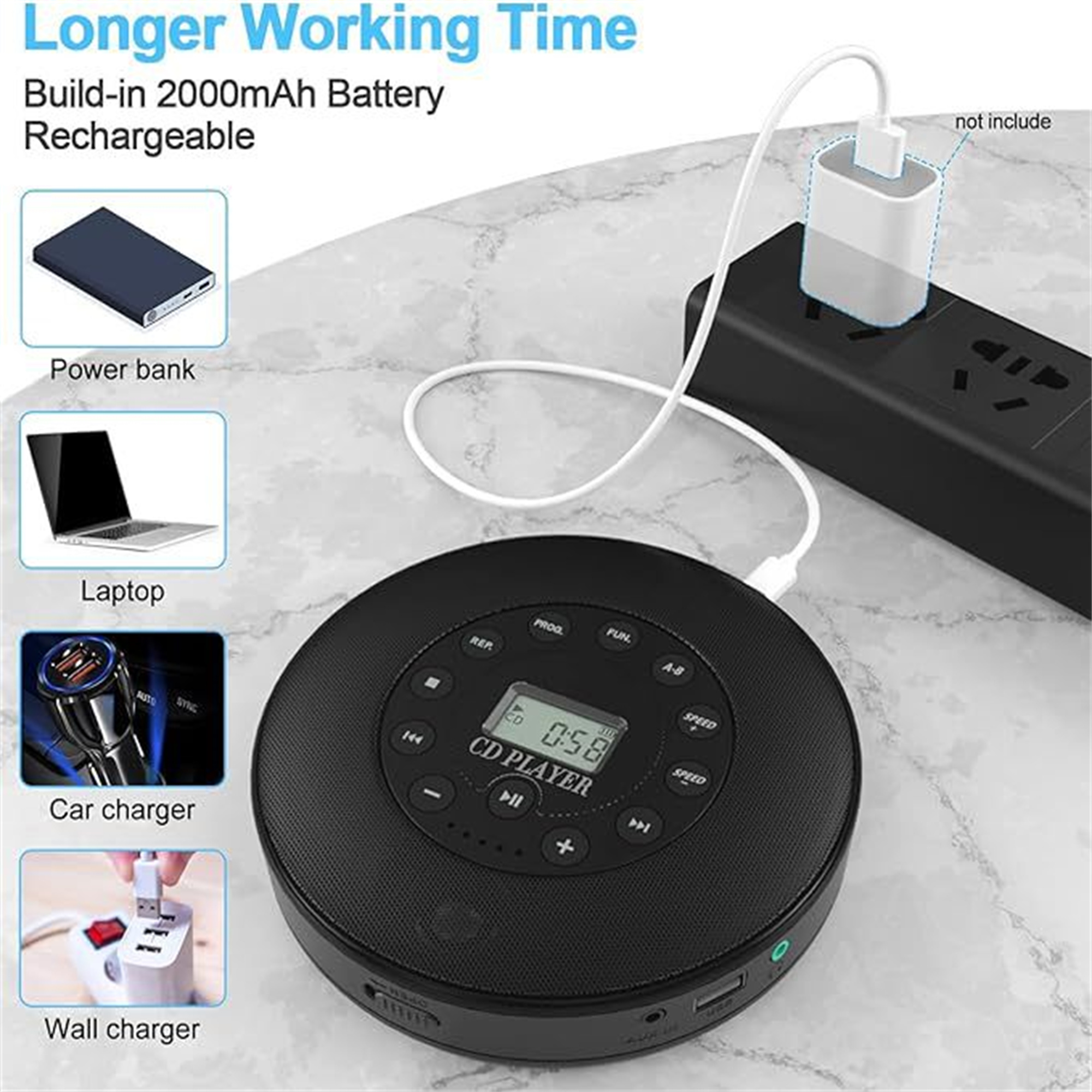 CD-Player eingesteckt, mit Powerbank-, Laptop-, Auto- und Wandladegerät-Symbolen.
