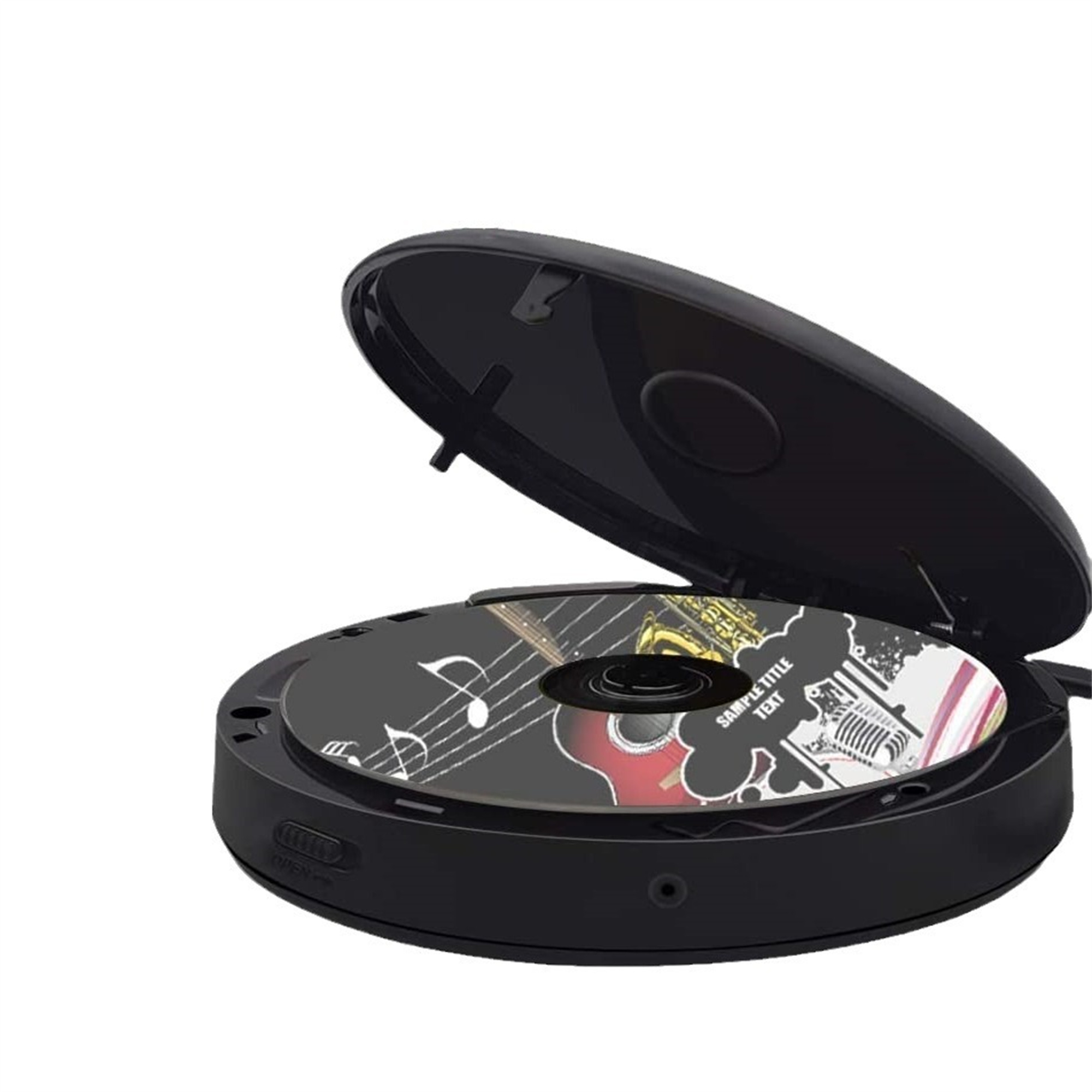 Schwarzer tragbarer CD-Player mit CD. Der Deckel ist geöffnet. Die CD hat ein Design.