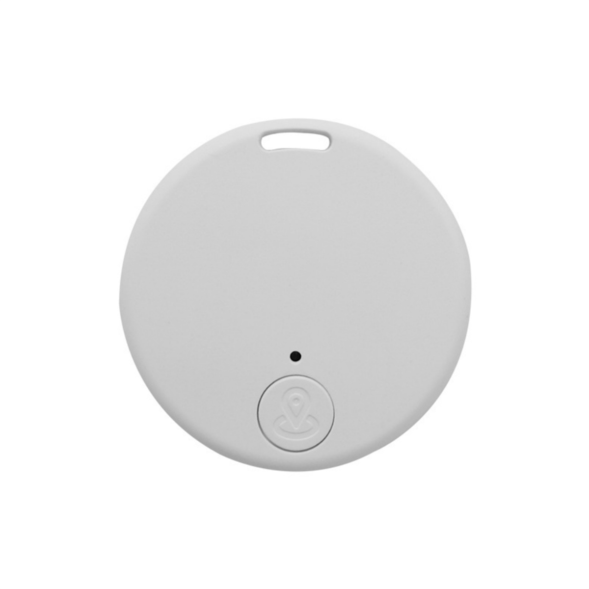 Ein weißer, runder GPS-Tracker mit einem Knopf.
