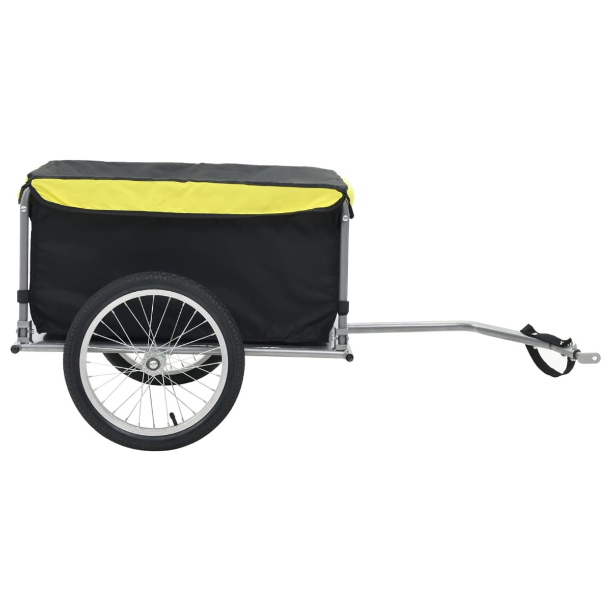 Schwarz-gelber Fahrradanhänger mit Rad. Schwarz-gelber Anhänger, weißer Hintergrund.