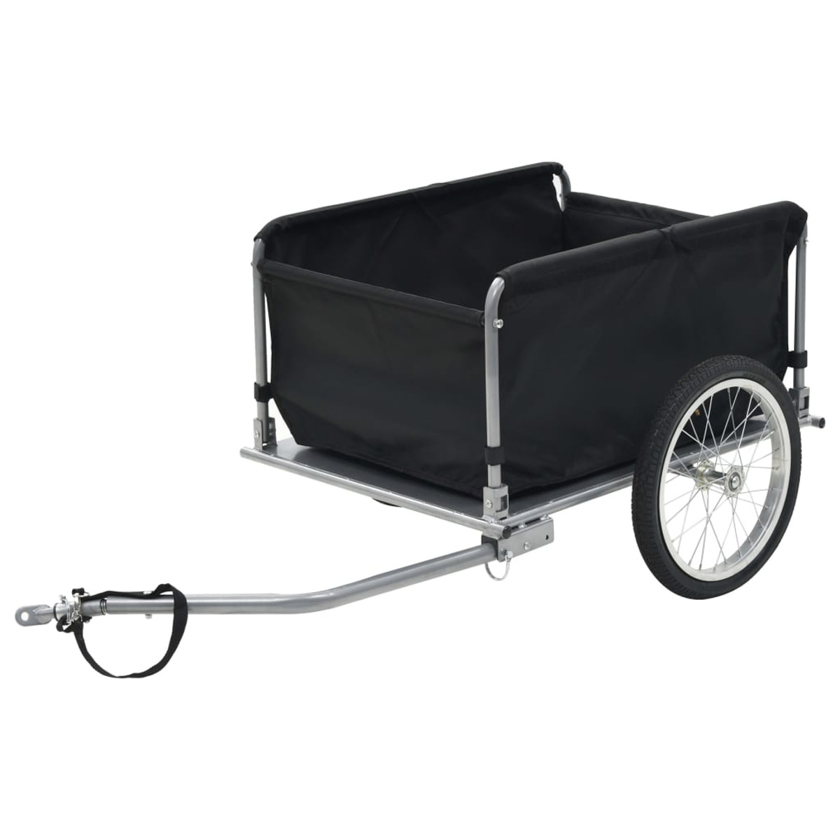 Ein schwarzer Anhängerwagen mit schwarzem Stoffbehälter, silbernem Metallrahmen und einem Rad mit Anhängerkupplung.