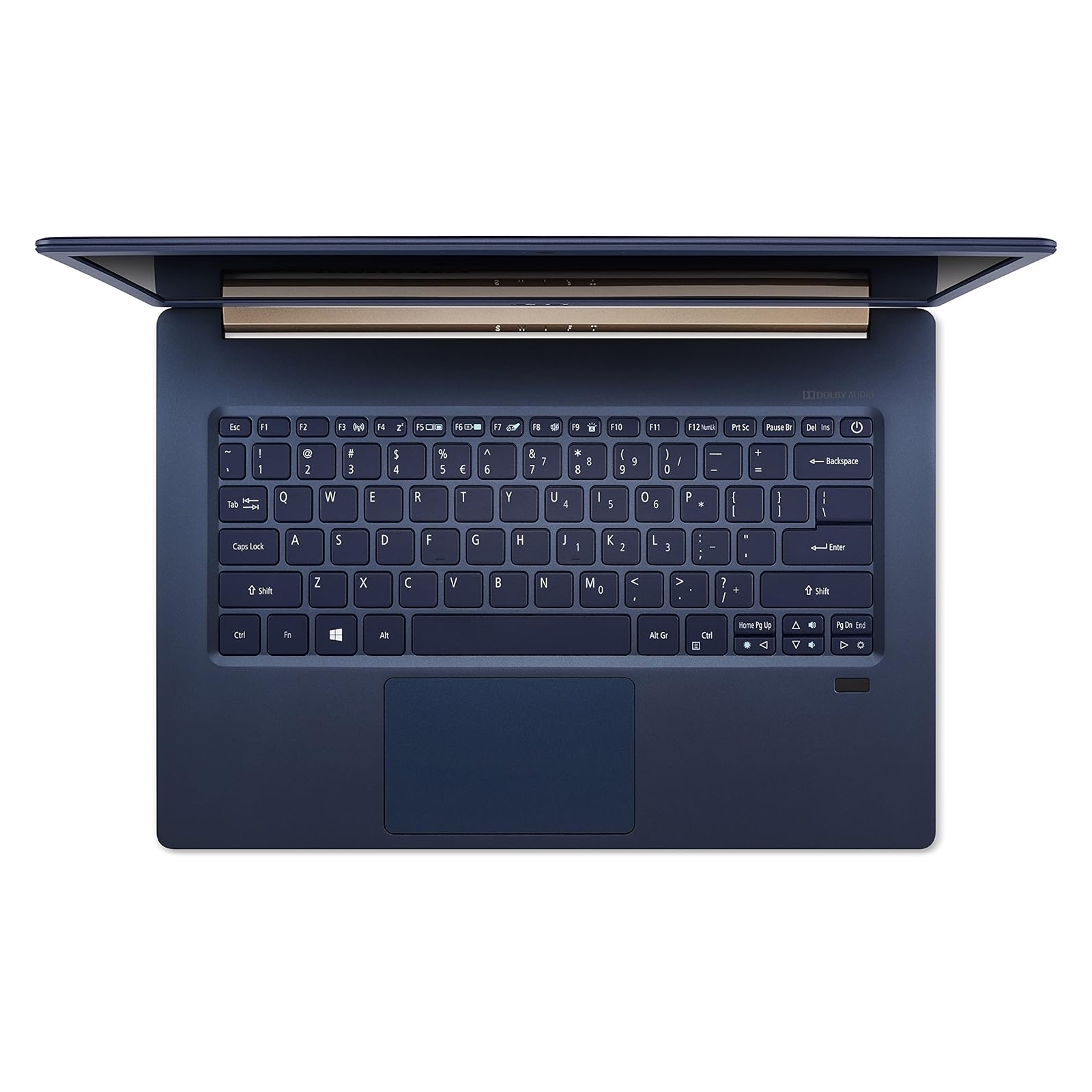Laptop con tastiera blu scuro e schermo aperto. Vista dall'alto, sfondo bianco.