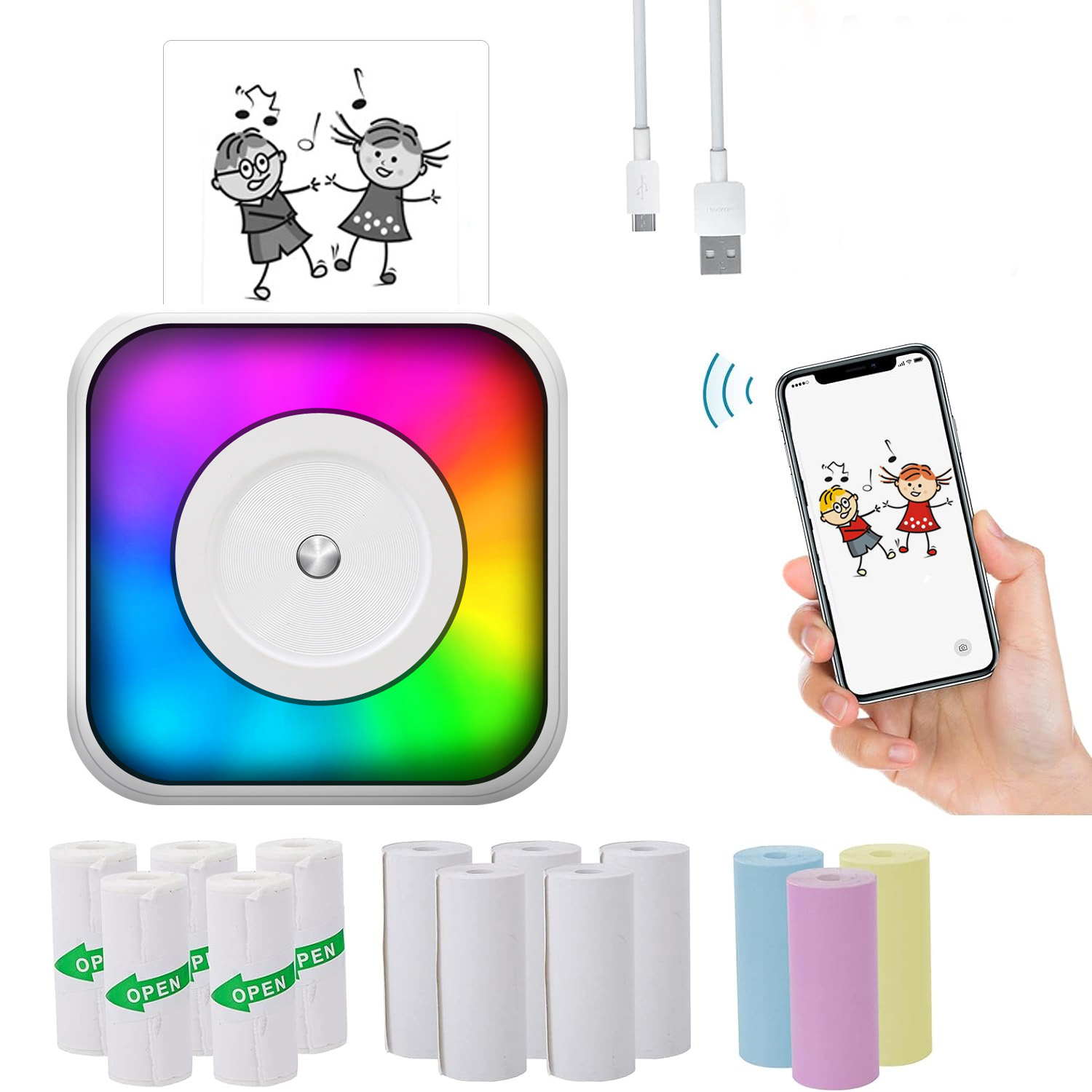 Fotodrucker, Telefon mit Zeichnung und Papierrollen mit Zeichnungen.