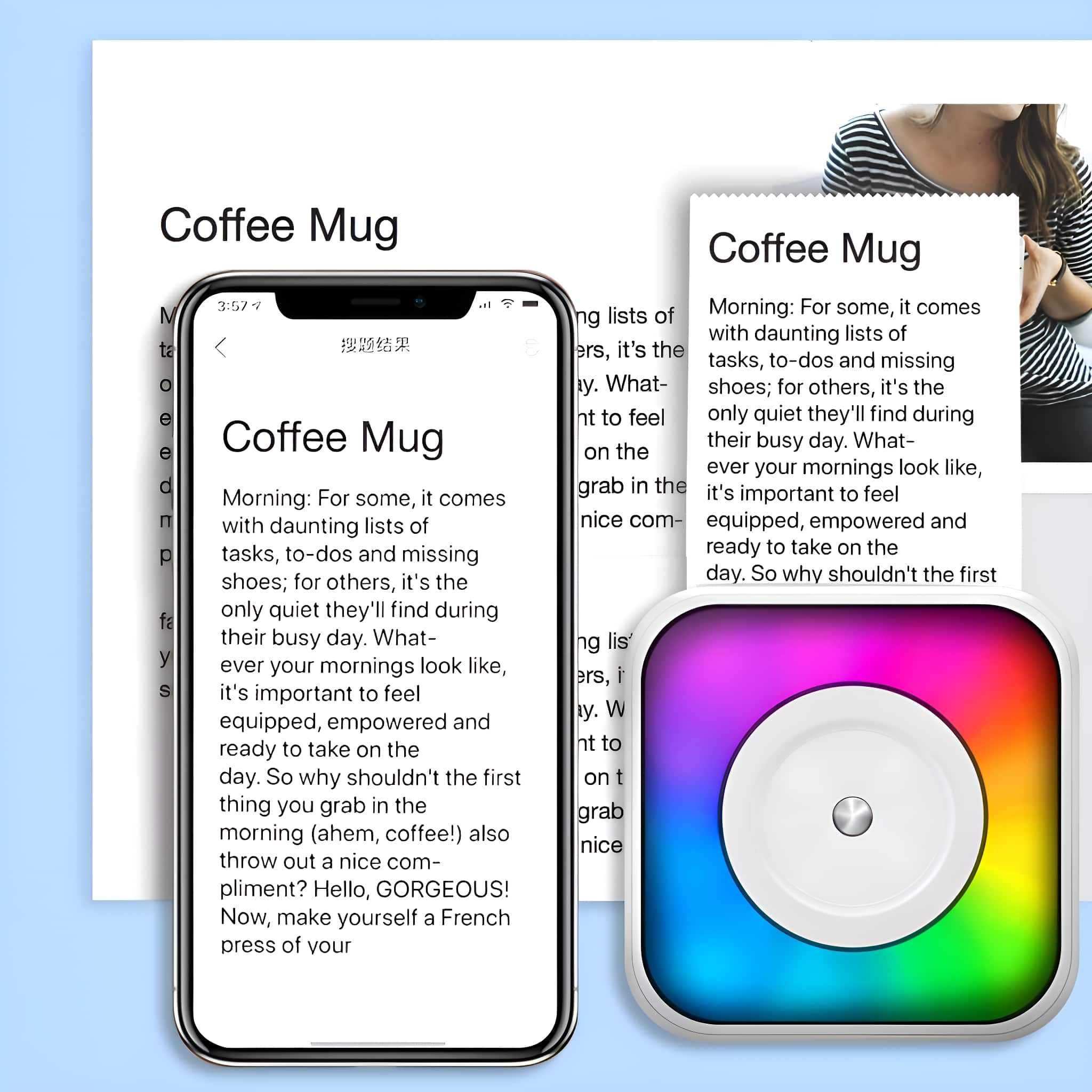 Ein Telefon zeigt Text über eine Kaffeetasse an. Ein farbenfrohes Symbol und das Bild einer Frau sind ebenfalls vorhanden.