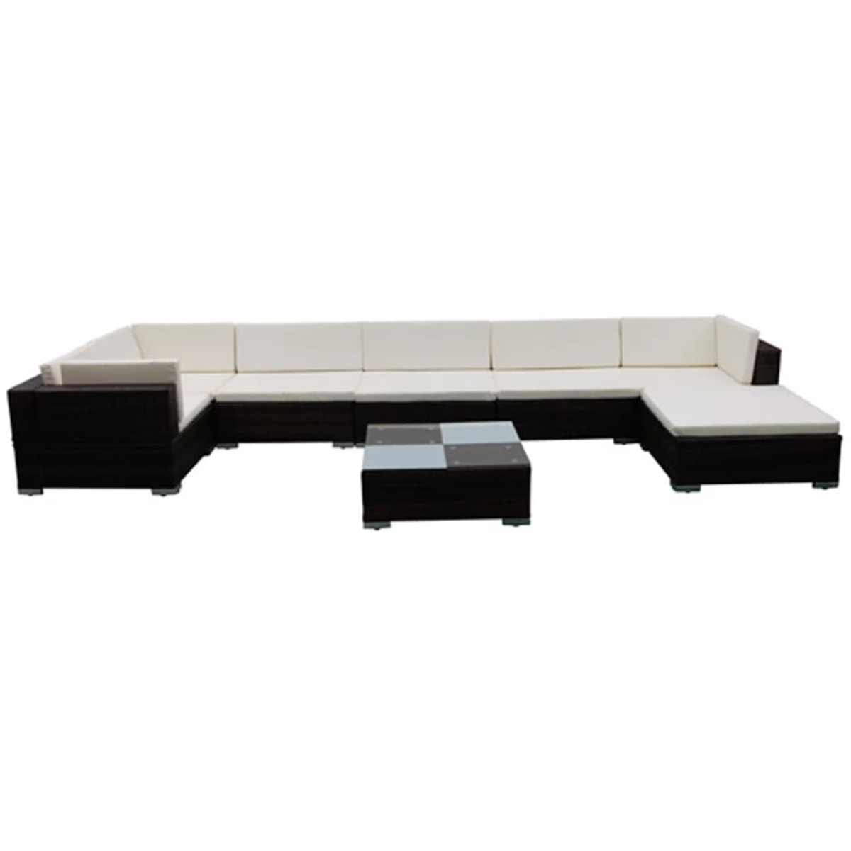 U-förmiges, dunkelbraunes Rattan-Sofa mit weißen Kissen und passendem quadratischen Tisch.