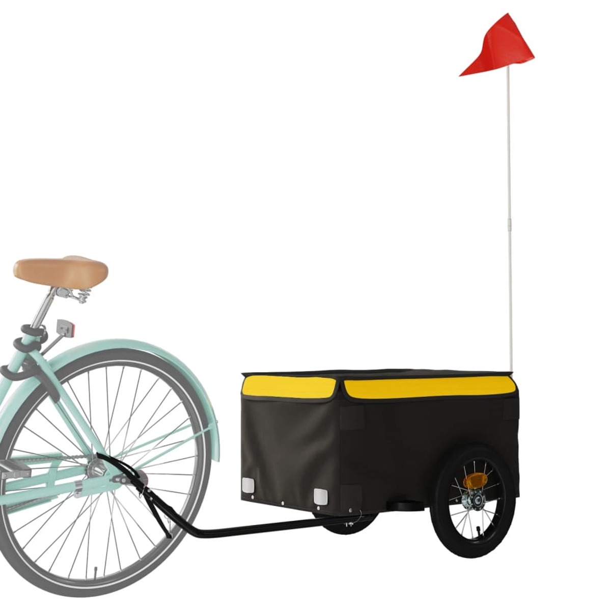 Ein Fahrrad mit Anhänger. Der Anhänger ist schwarz-gelb mit roter Fahne.