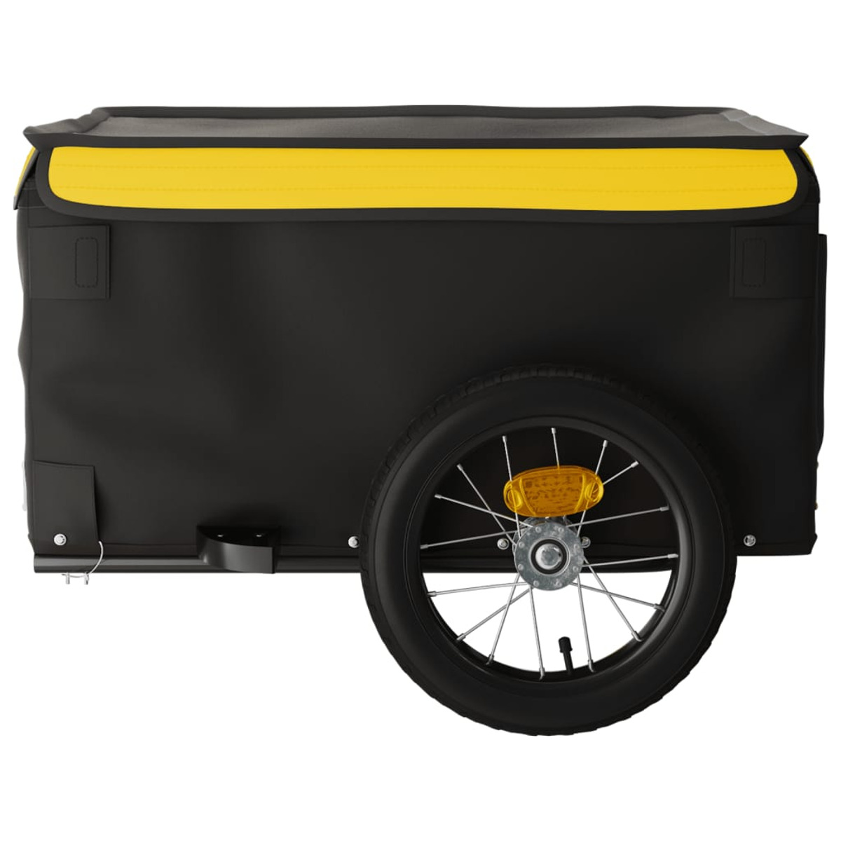 Schwarzer und gelber Fahrrad-Lastenanhänger mit einem Rad.