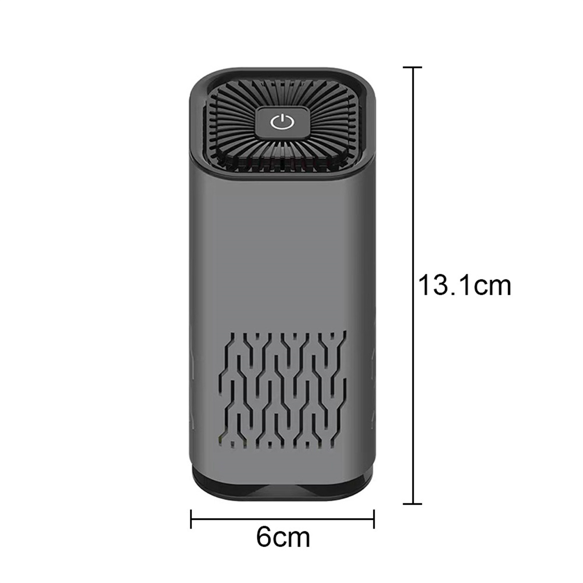 Dunkelgrauer Luftreiniger mit Ein/Aus-Taste, Maße: 13,1 cm x 6 cm.