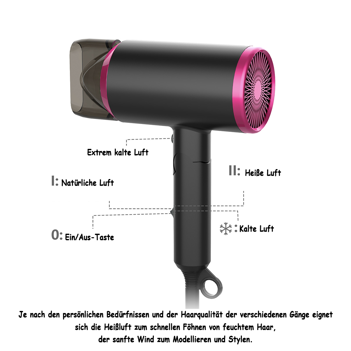 Ein schwarz-pinkfarbener Haartrockner mit deutschen Etiketten, die die verschiedenen Einstellungen anzeigen.