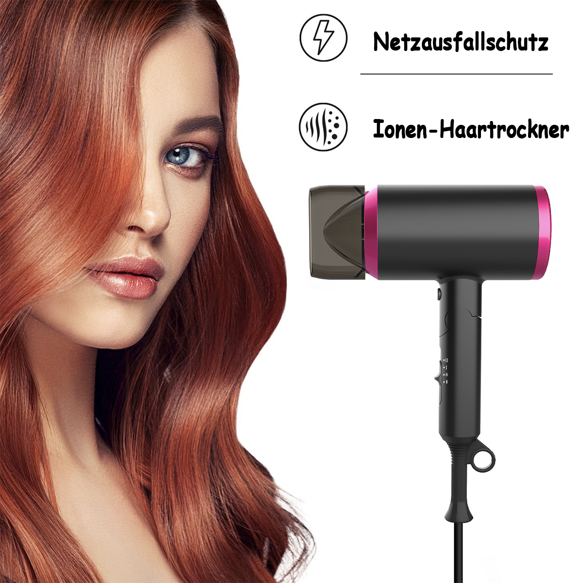 Frau mit rotem Haar neben einem schwarz-rosa Haartrockner, weißer Hintergrund.