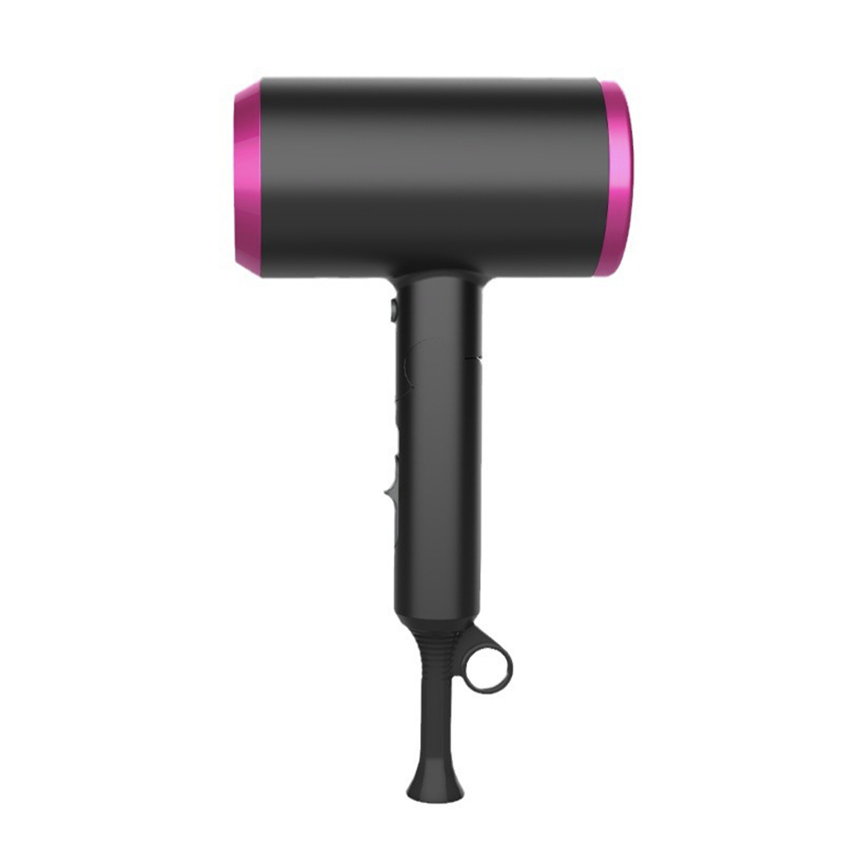 Schwarzer und pinkfarbener Haartrockner. Der Trockner hat einen Griff mit Knöpfen und eine pinkfarbene Blende.