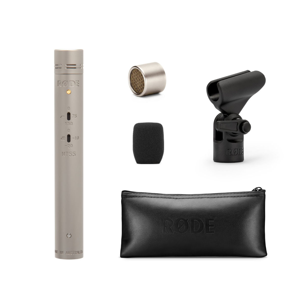 Un set di microfoni a condensatore con accessori: microfono, cappuccio, spugna, supporto, custodia.