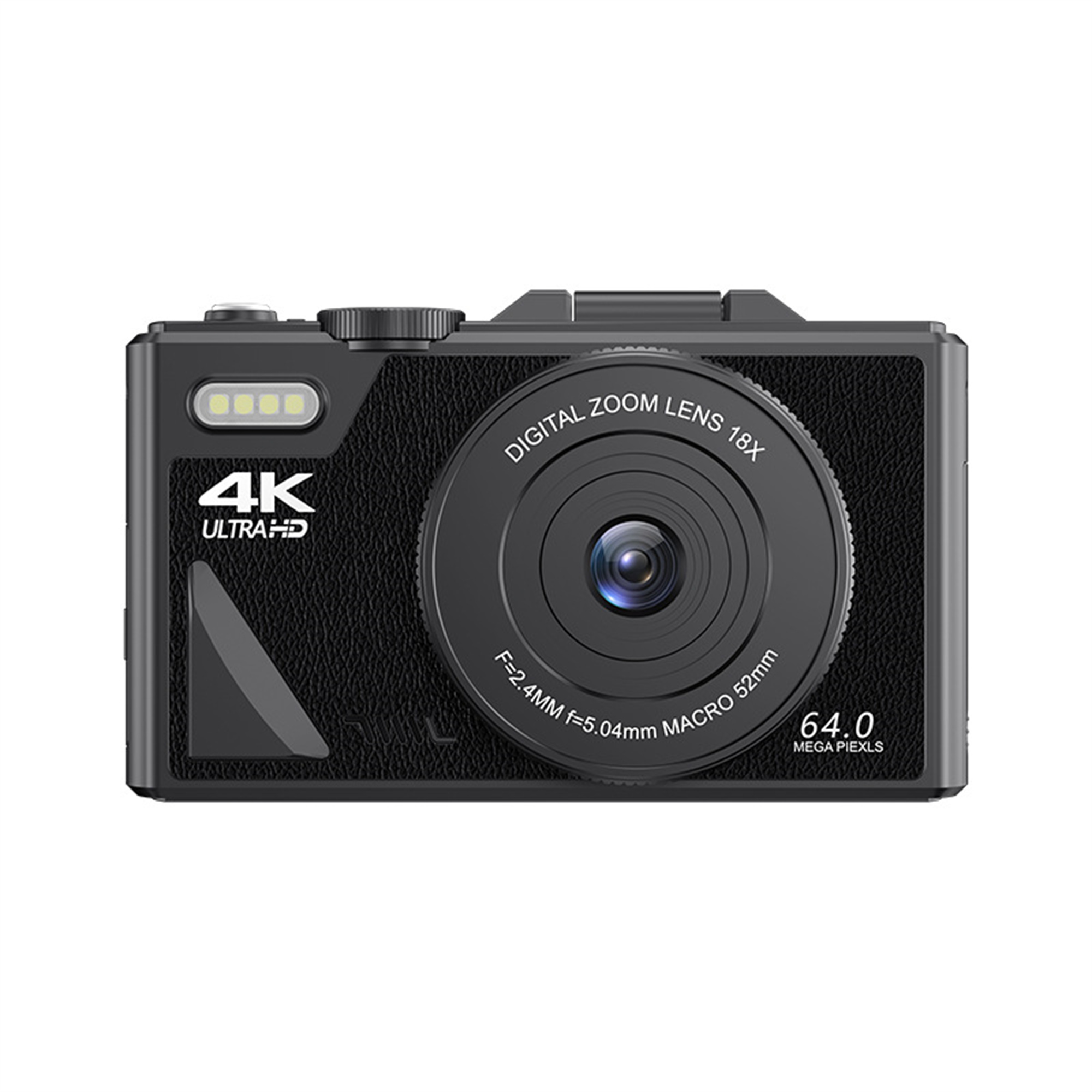 Eine schwarze Digitalkamera mit Zoomobjektiv auf weißem Hintergrund.