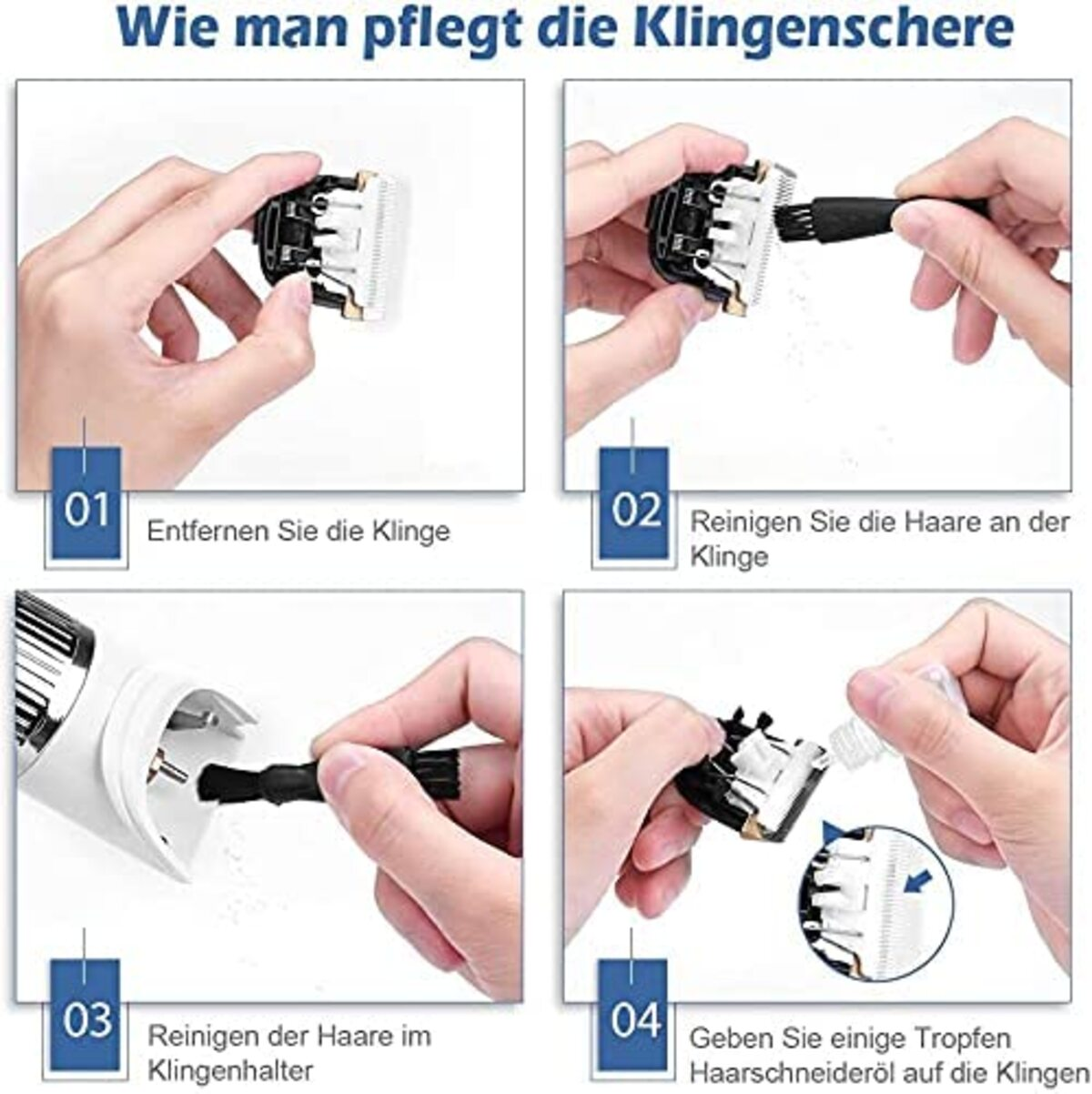 Vierteiliges Bild zur Reinigung der Klinge eines Haarschneiders.