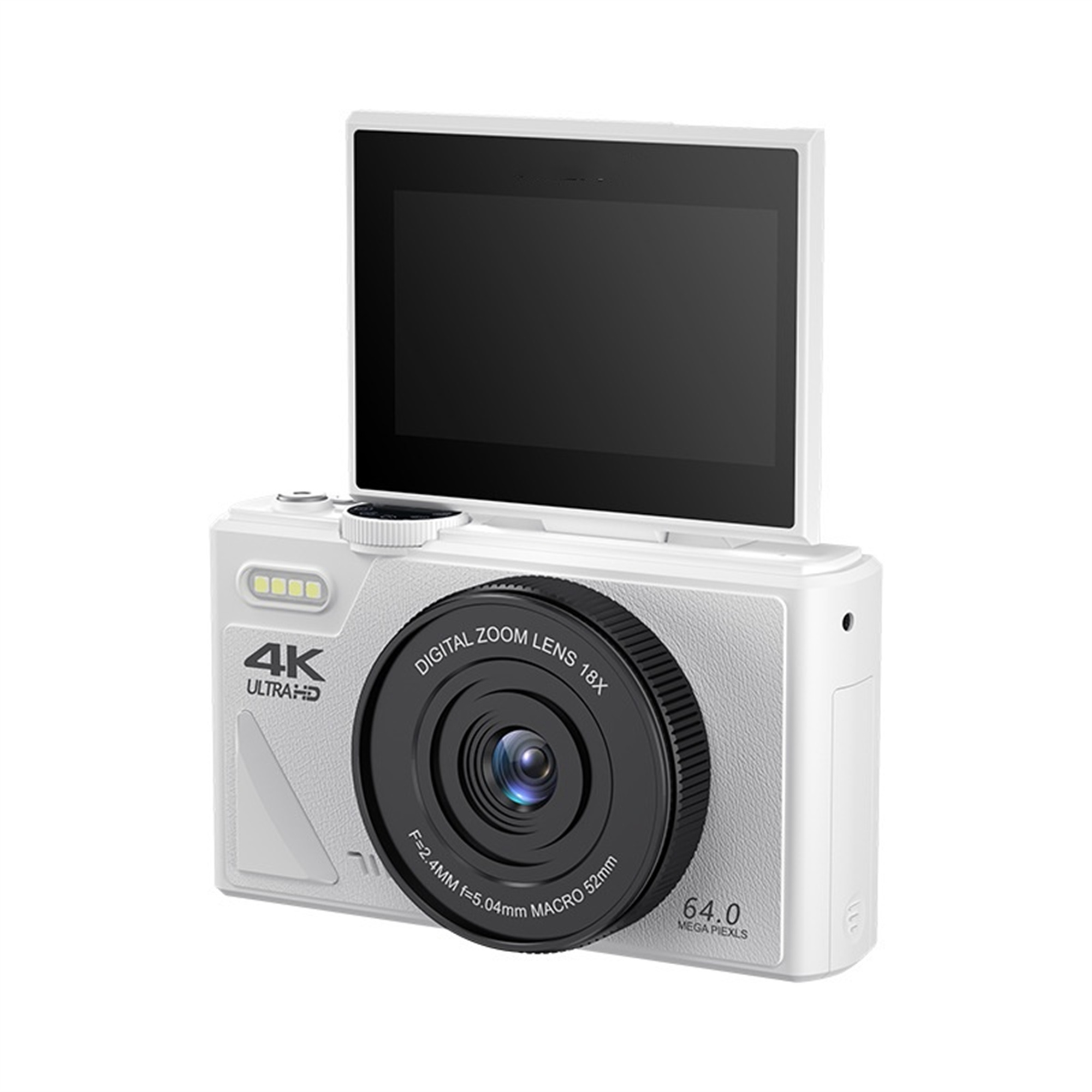 Weiße Digitalkamera mit hochgeklapptem Bildschirm. Sie hat ein schwarzes Objektiv und die Worte 4K Ultra HD.