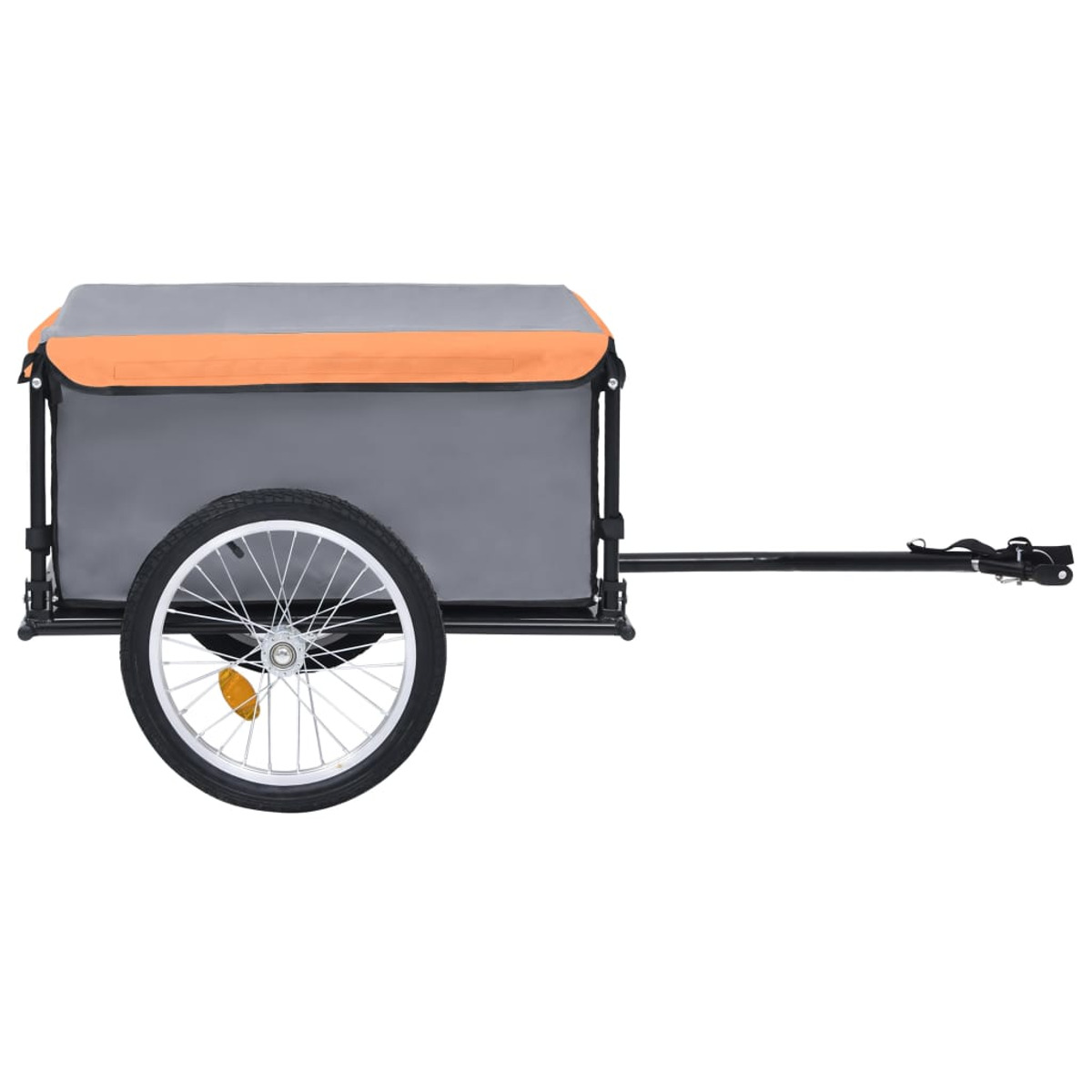 Seitenansicht eines grau-orangenen Cargo-Anhängers. Hat einen grauen Körper und einen orangenen Deckel mit einem Rad.
