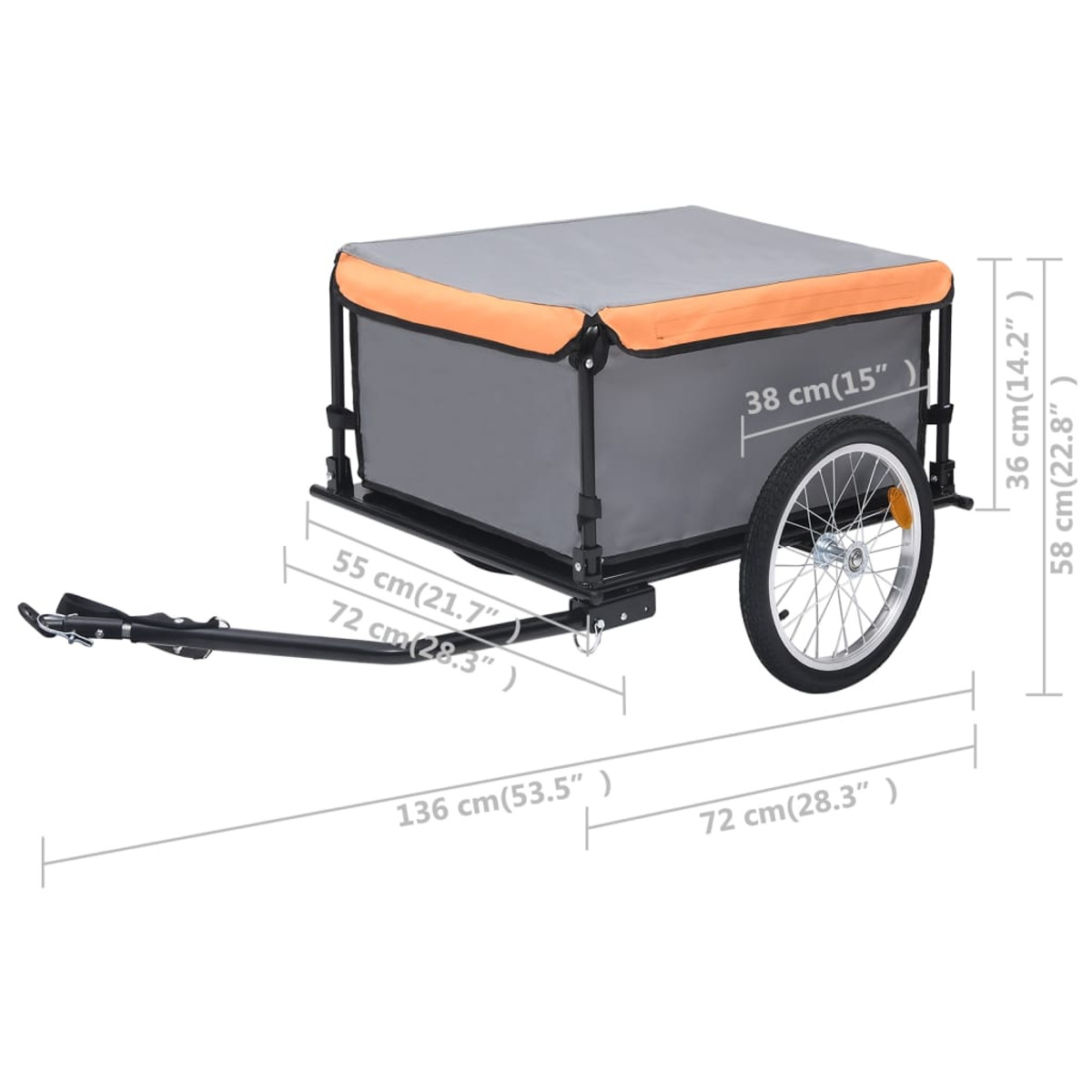 Ein schwarz-grauer Fahrradanhänger mit grauem Verdeck, orangefarbenem Besatz und einem Rad.