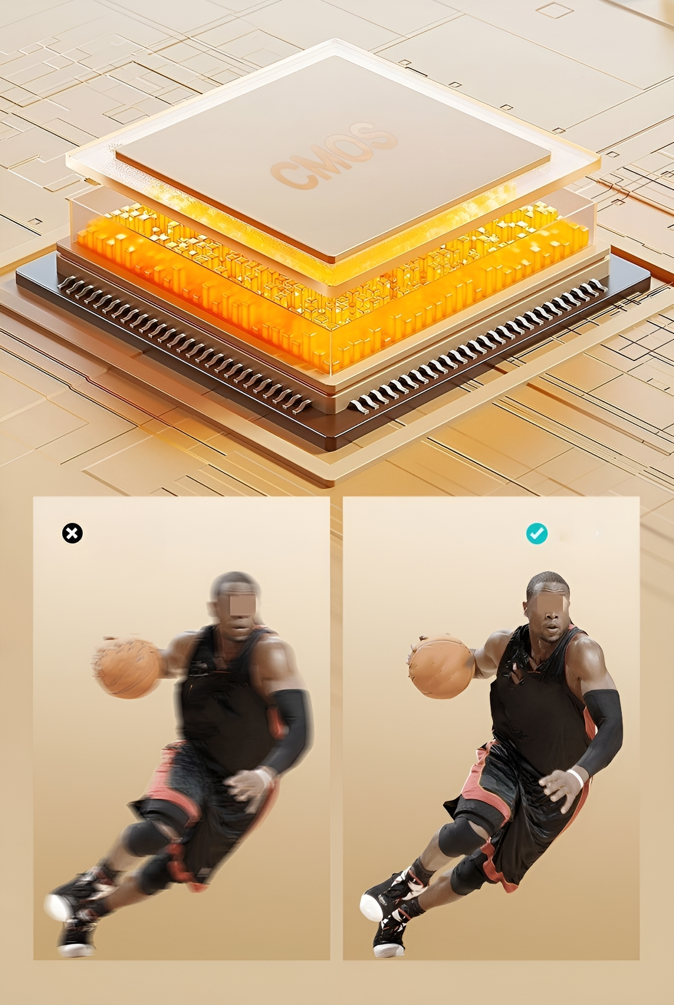 Das Bild zeigt einen Basketballspieler in Bewegung. Ein Bild ist verschwommen, das andere ist klar. Grafik im Hintergrund.