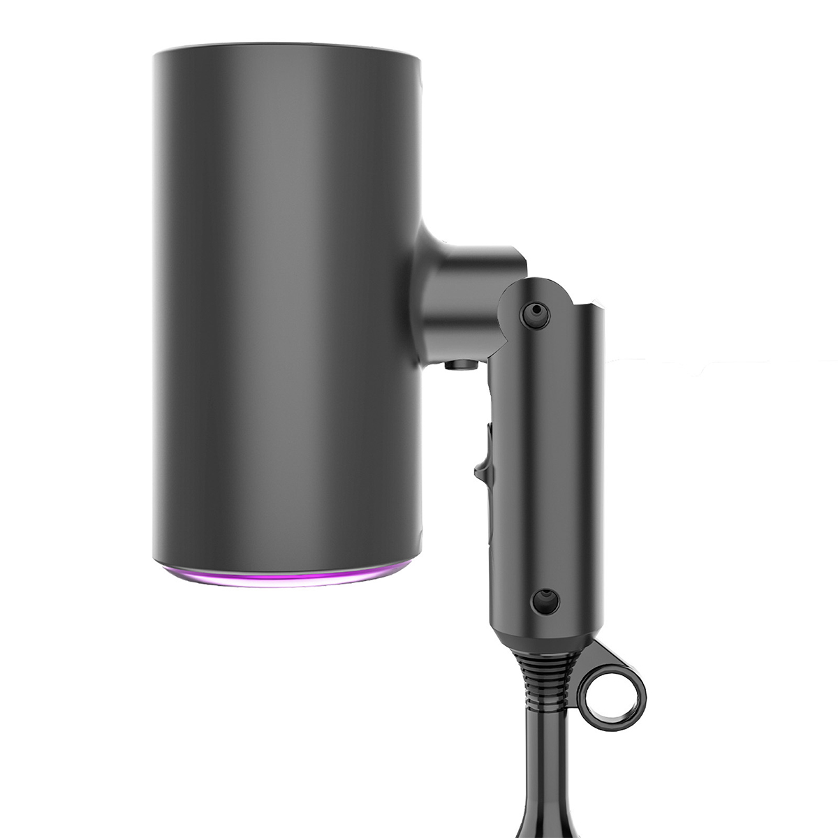 Schwarze moderne Schreibtischlampe mit rundem Kopf und geradem Schaft. Lila Licht am Boden.